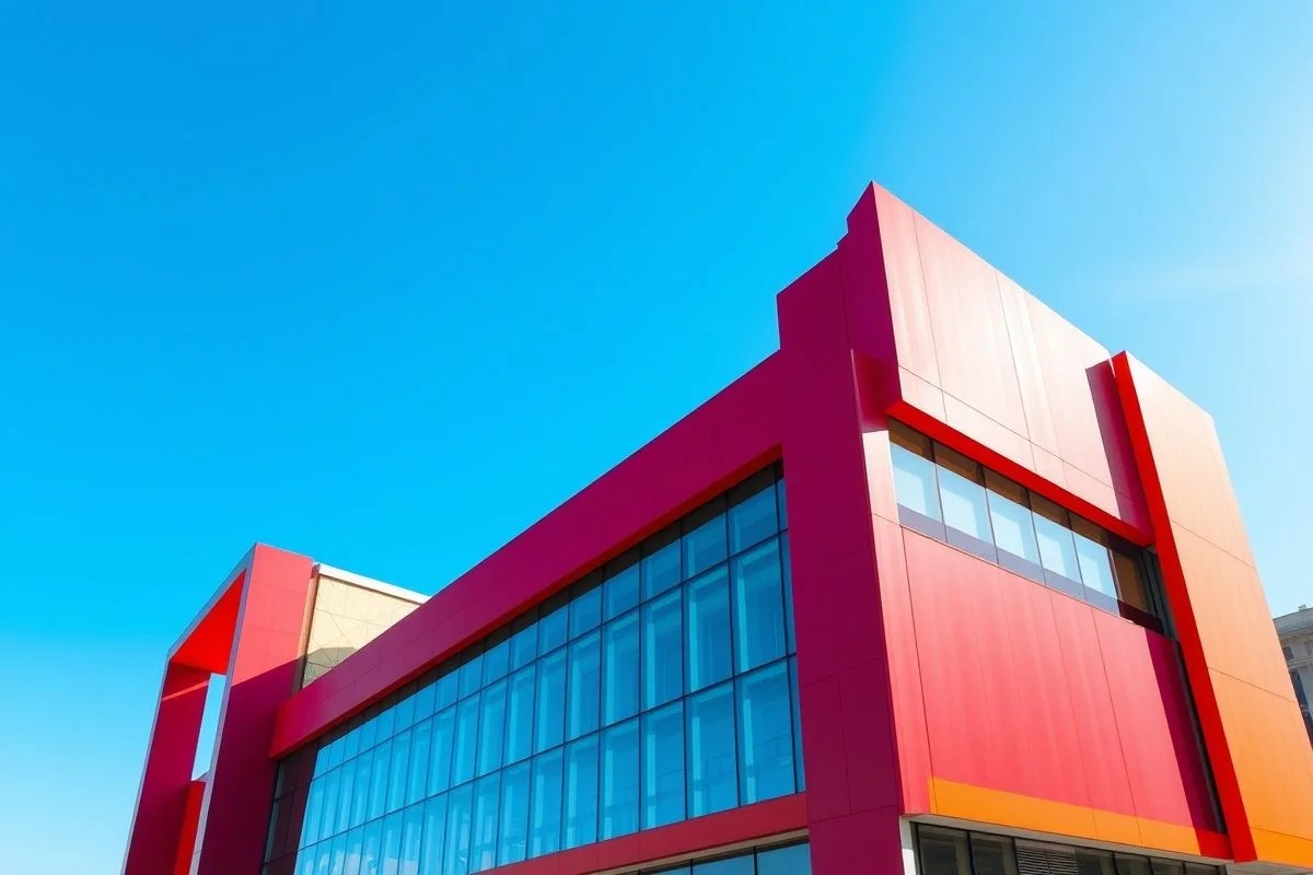 Prédio comercial moderno em Brasília com fachada em ACM colorida.