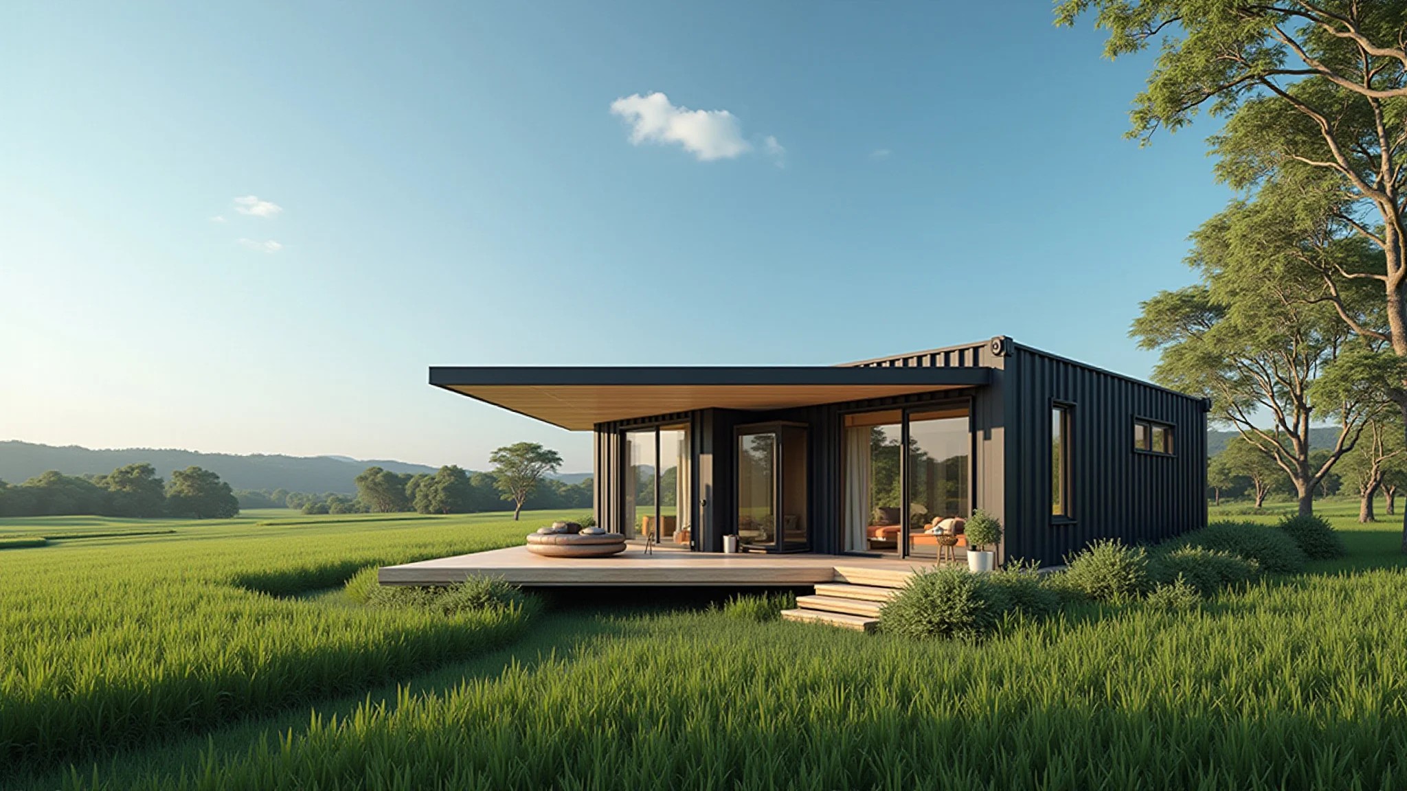 Casa container moderna em paisagem verde, arquitetura sustentável, céu azul, campo brasileiro.