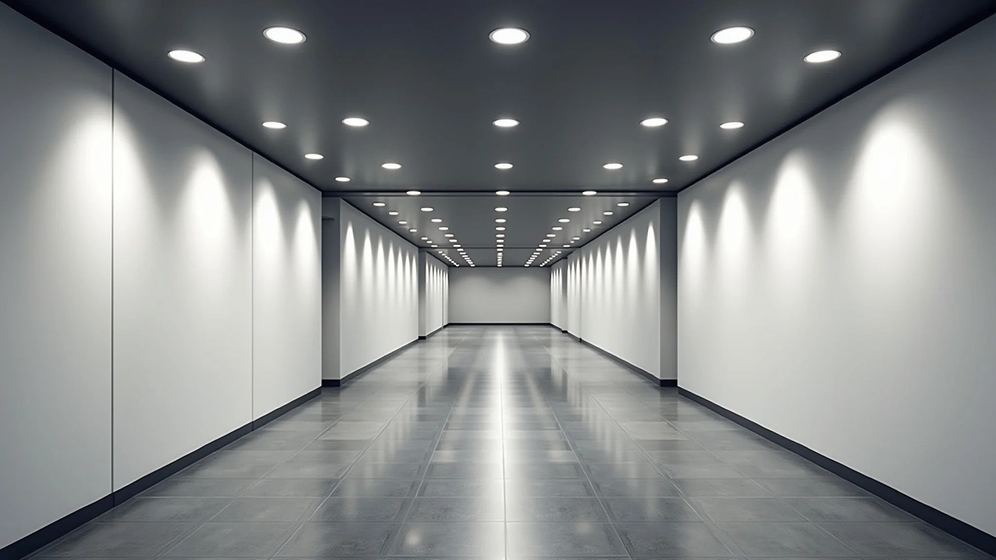 Corredor moderno com spots de sobrepor proporcionando iluminação uniforme.