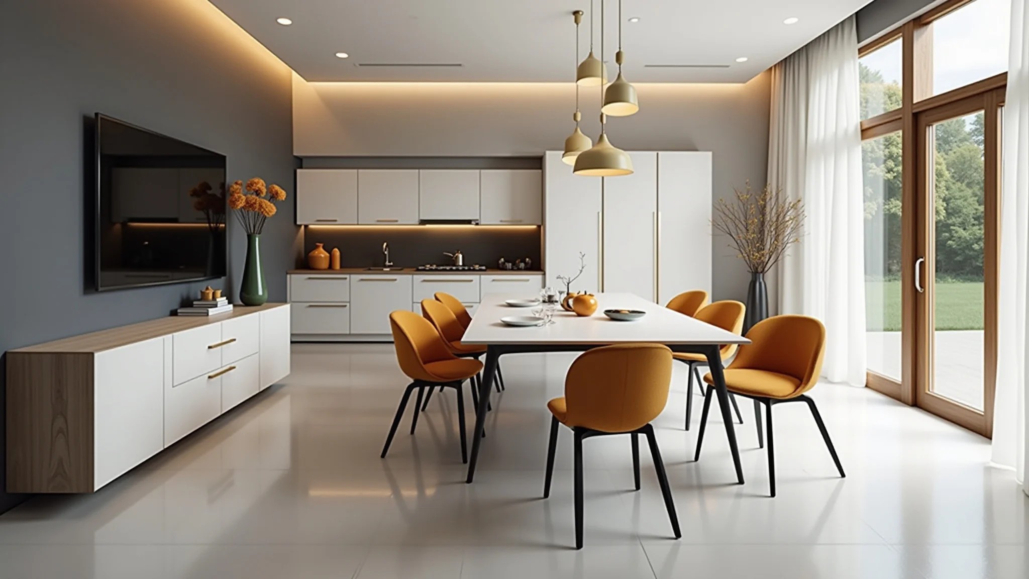 Sala de jantar moderna com design minimalista, linhas limpas e cores vibrantes.