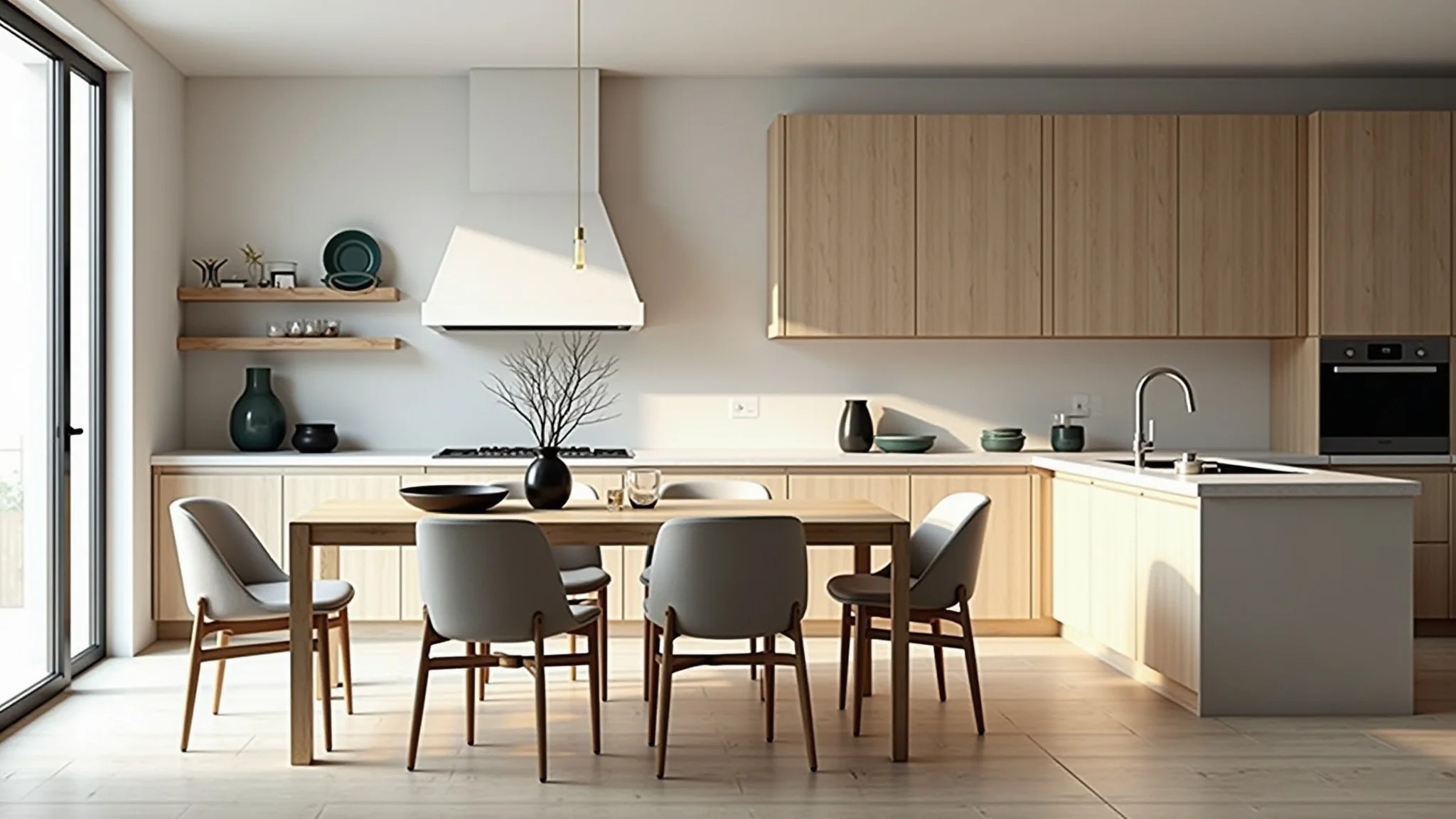 Sala de jantar moderna com canto alemão minimalista em madeira clara e tons neutros.