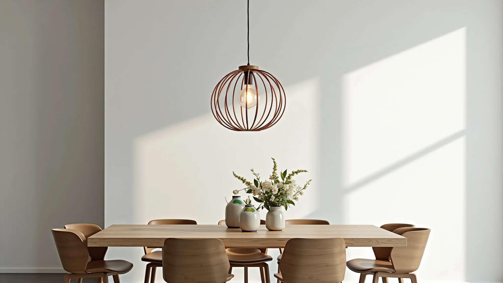 Sala de jantar moderna com lustre pendente minimalista, estilo Farm Rio.