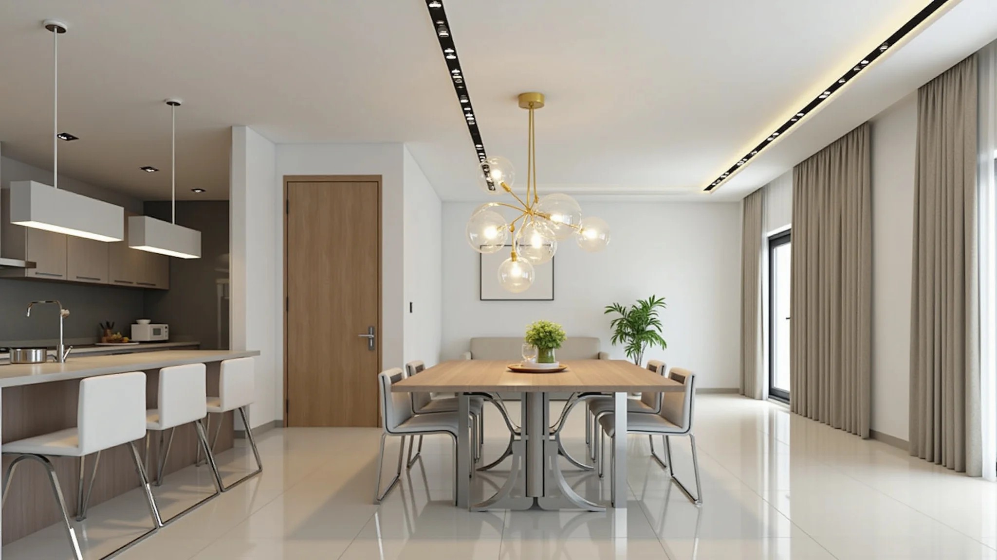 Sala de jantar moderna com lustre pendente de design minimalista.