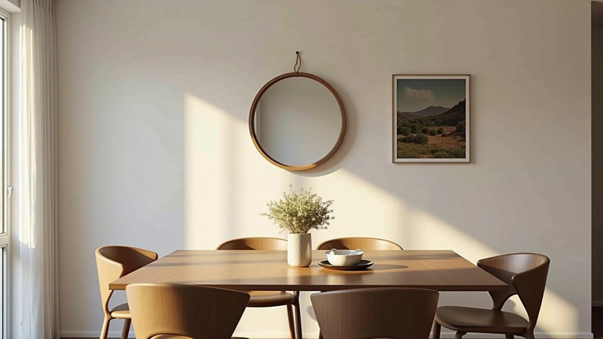 Sala de jantar moderna com espelho redondo, design minimalista e iluminação suave.
