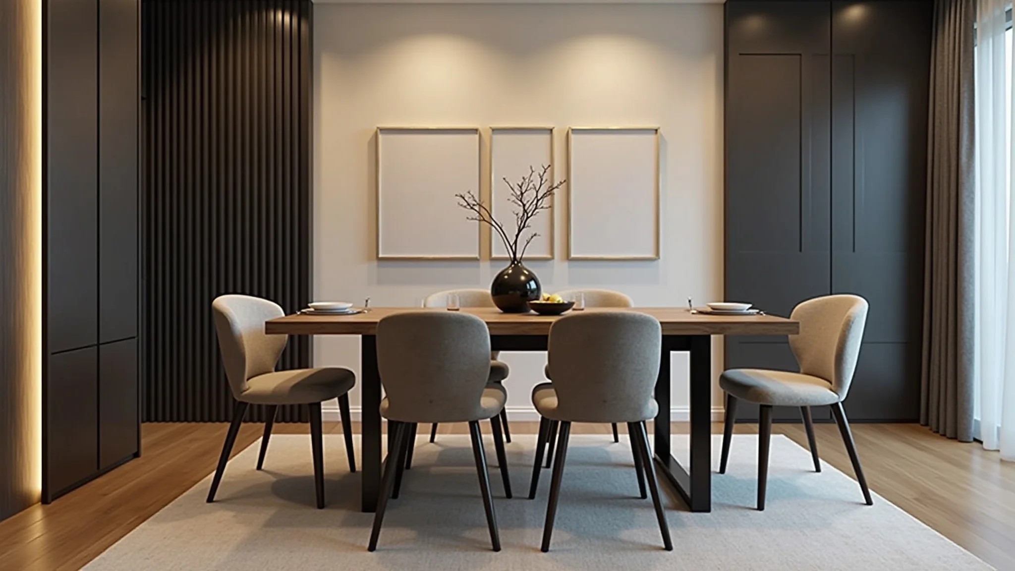Mesa de jantar quadrada em madeira escura com cadeiras modernas, estilo minimalista.