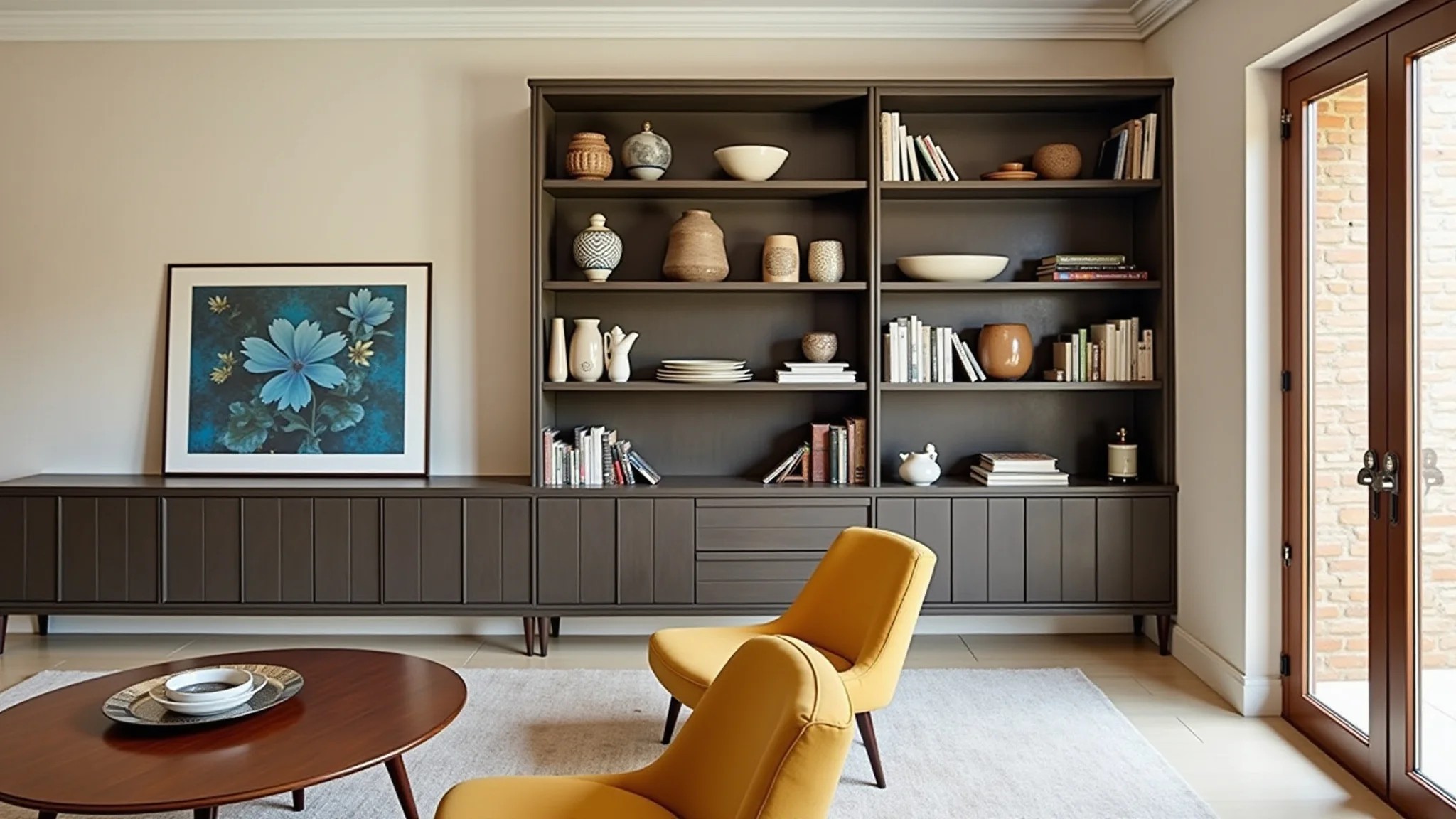 Cristaleira moderna com mistura de itens vintage e contemporâneos, design brasileiro.