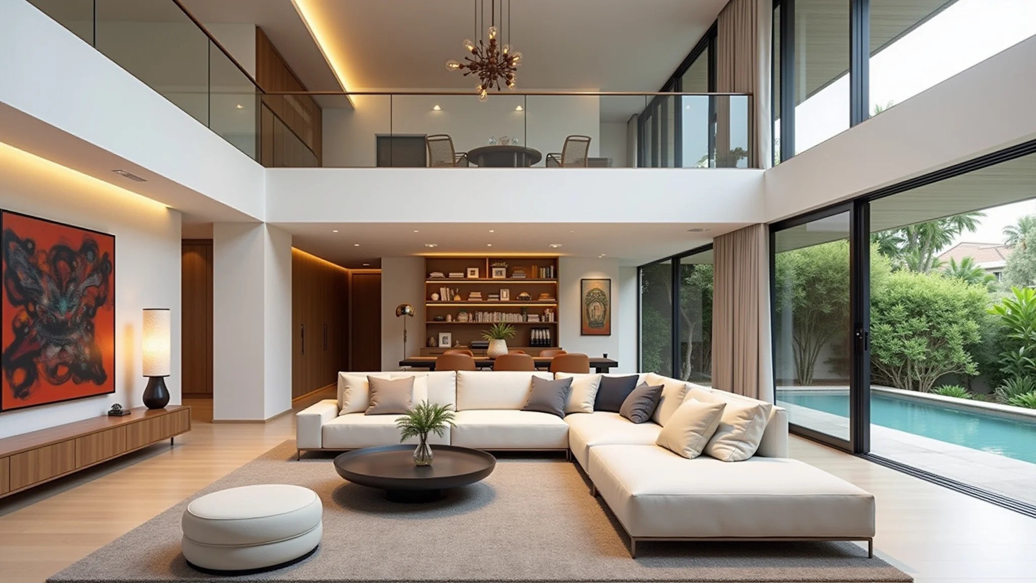 Sala moderna com pé direito duplo, espaço aberto, decoração minimalista e arte brasileira.