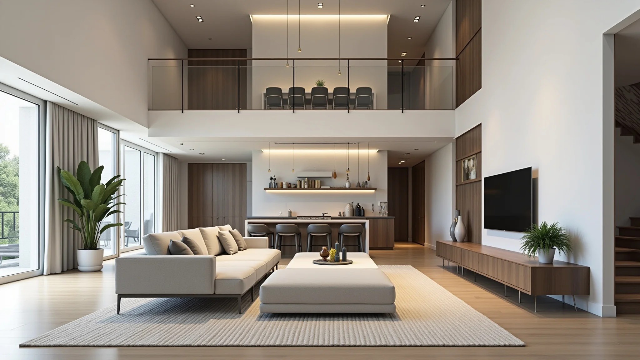 Sala moderna com pé direito duplo, espaços integrados e design minimalista brasileiro.