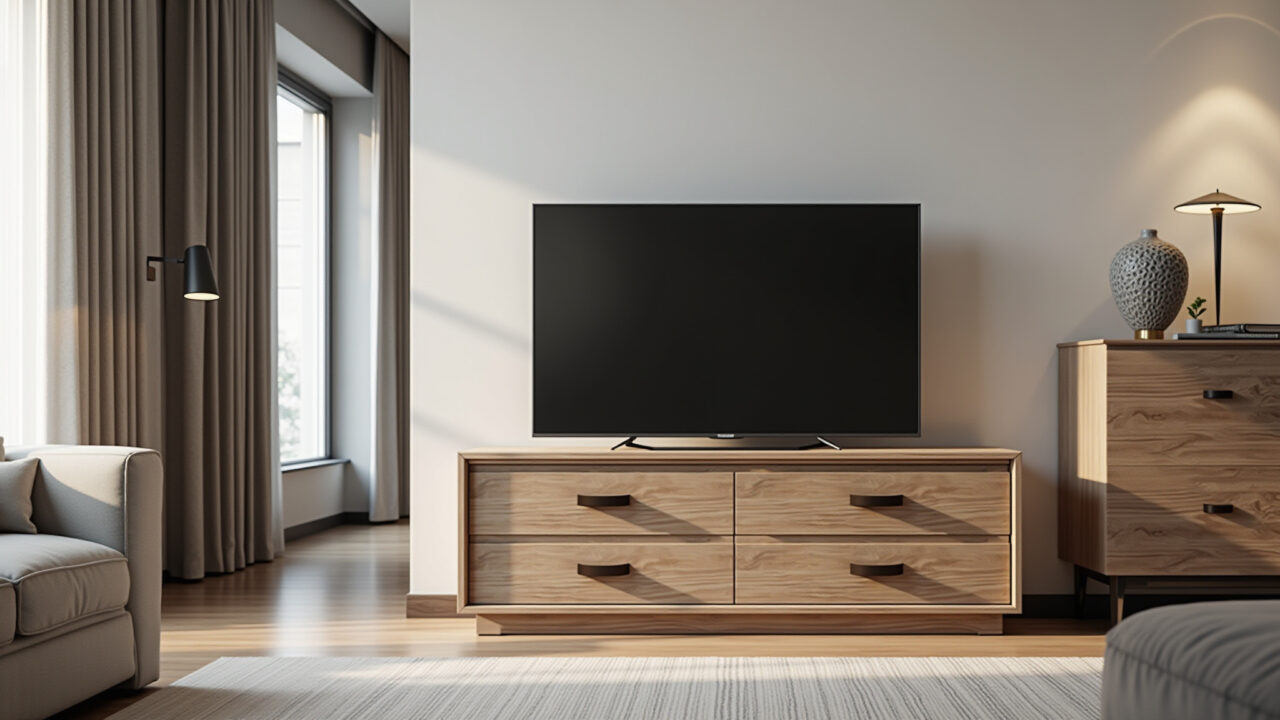 Modern dresser with leather pulls in a stylish Brazilian apartment, professional photography, Cômoda moderna com puxadores de couro em apartamento brasileiro.