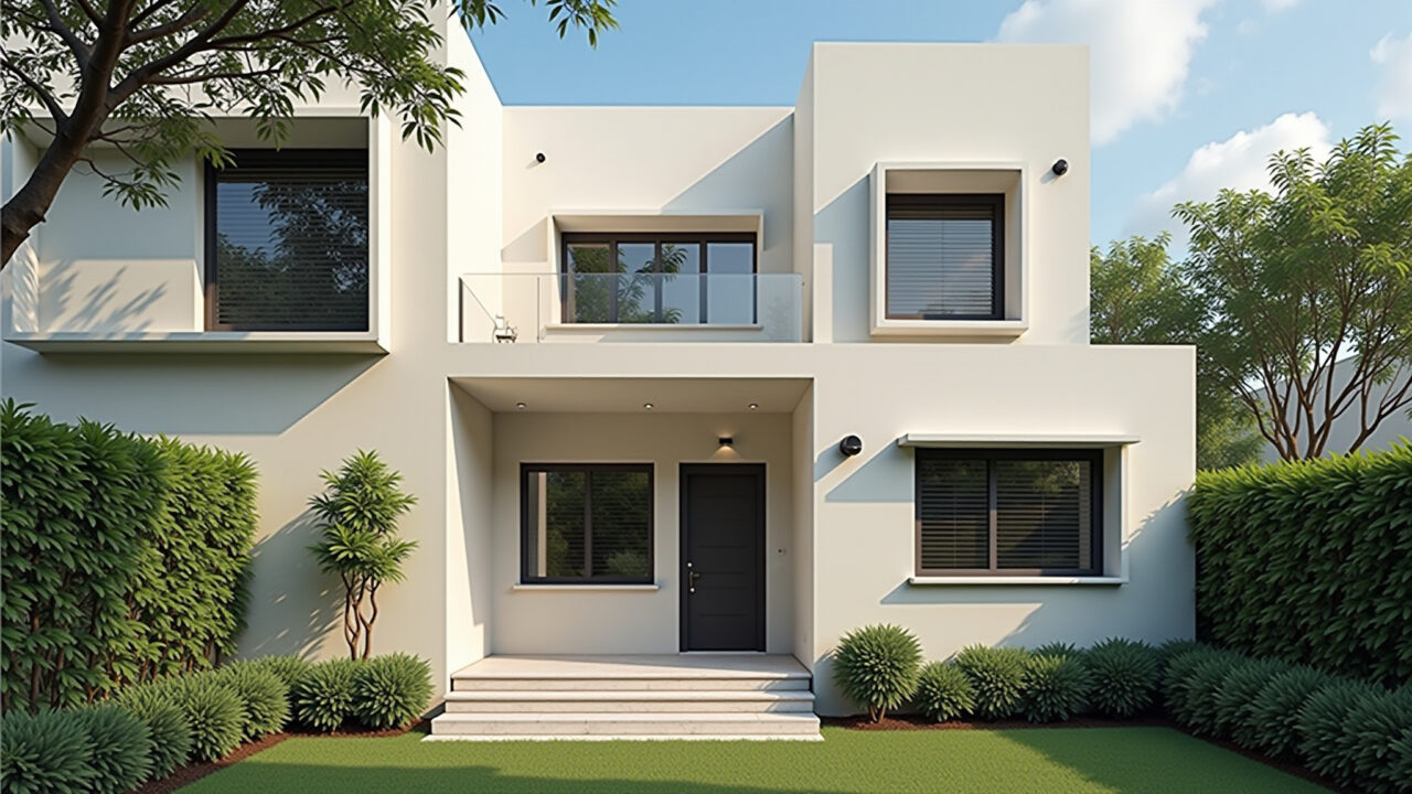 Fachada moderna com cores claras e jardim bem cuidado.