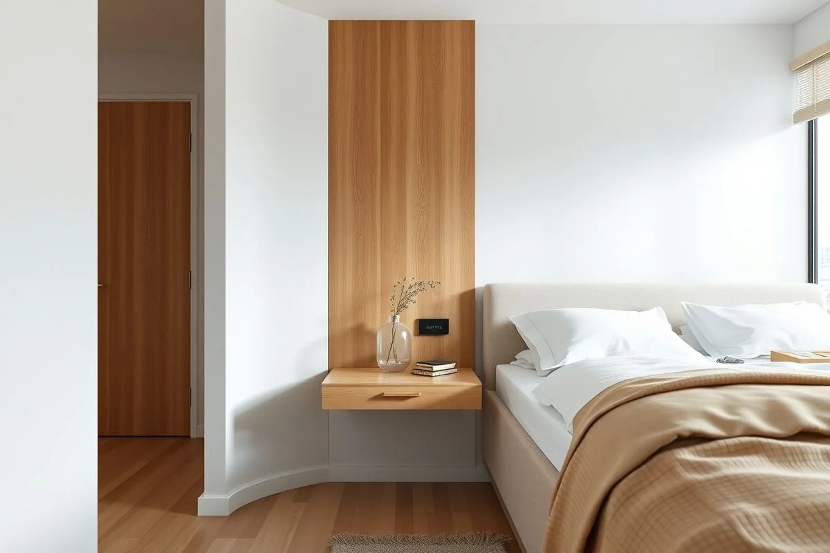 Mesa de cabeceira flutuante minimalista em apartamento moderno no Brasil.