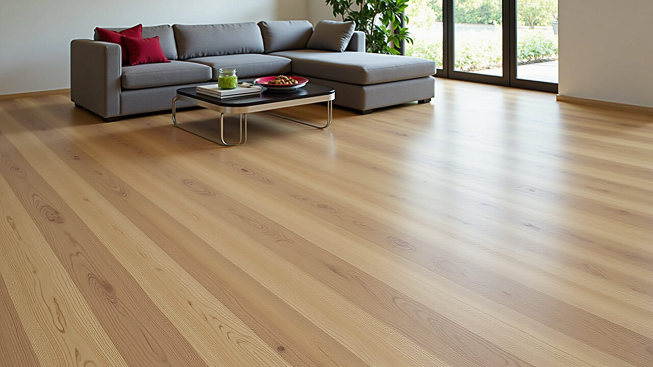 Piso moderno laminado com efeito de madeira em uma sala de estar iluminada.