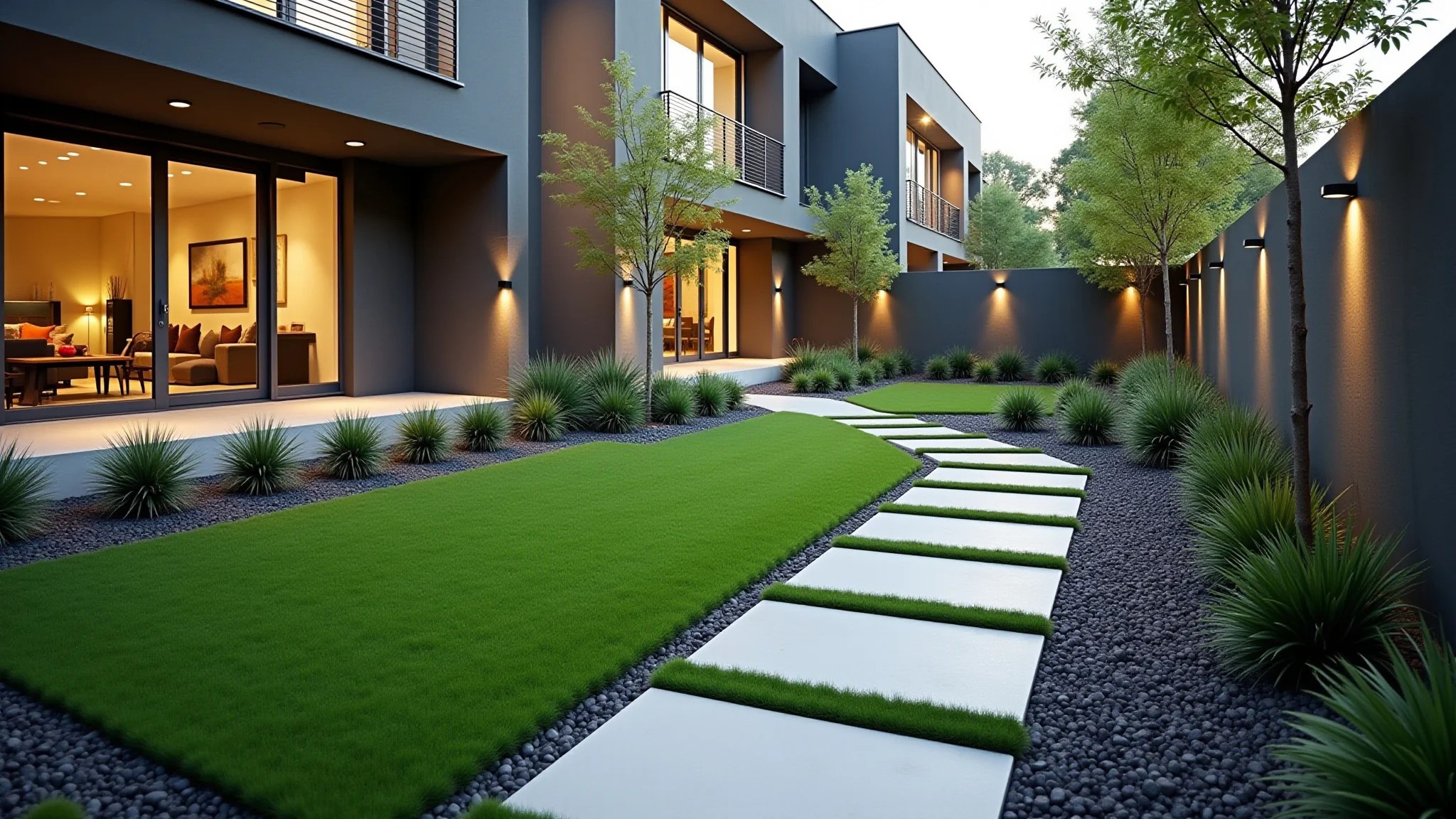 Jardim moderno com borda de grama preta e caminho de pedras claras.