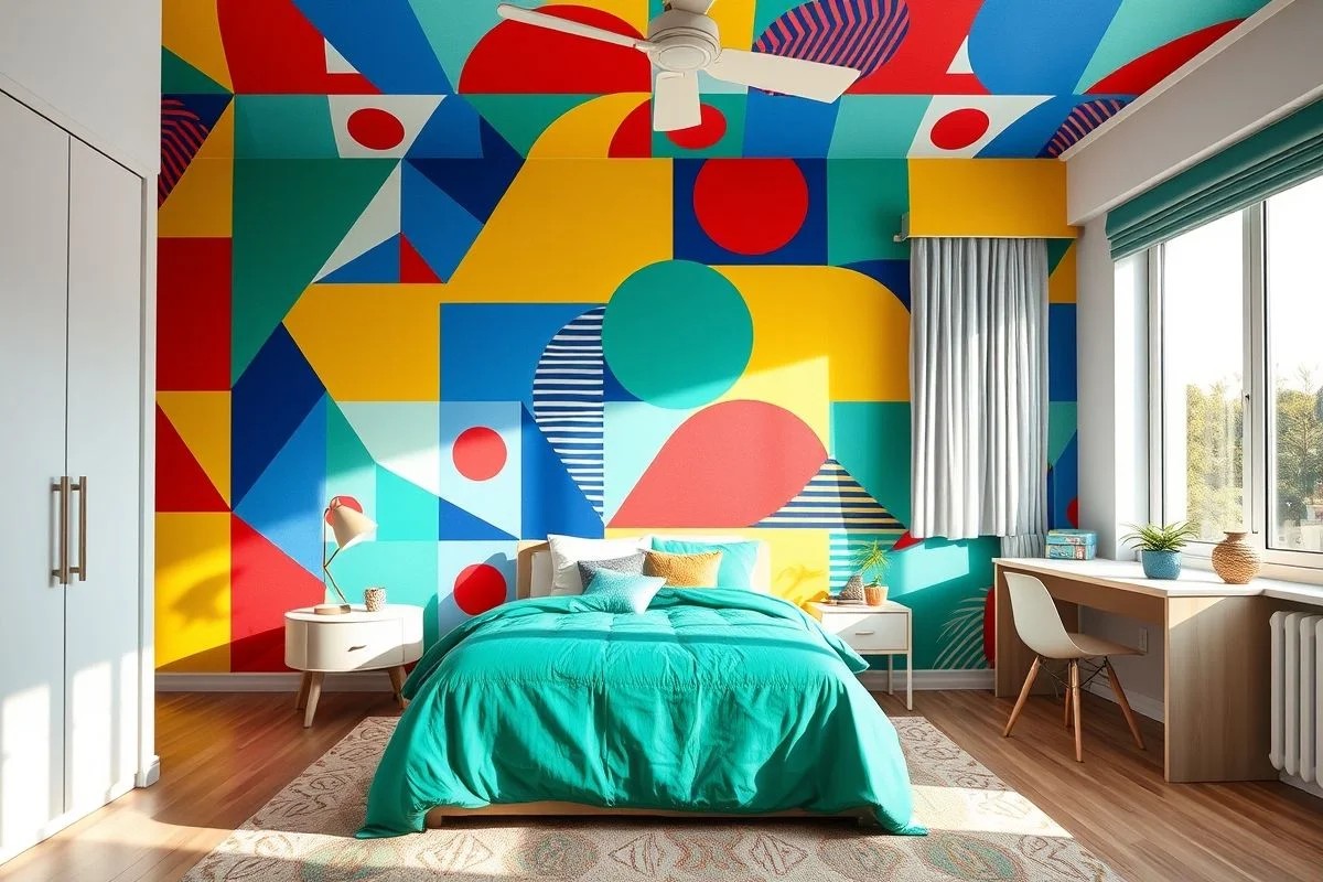 Quarto moderno com papel de parede geométrico vibrante com triângulos, círculos e listras.