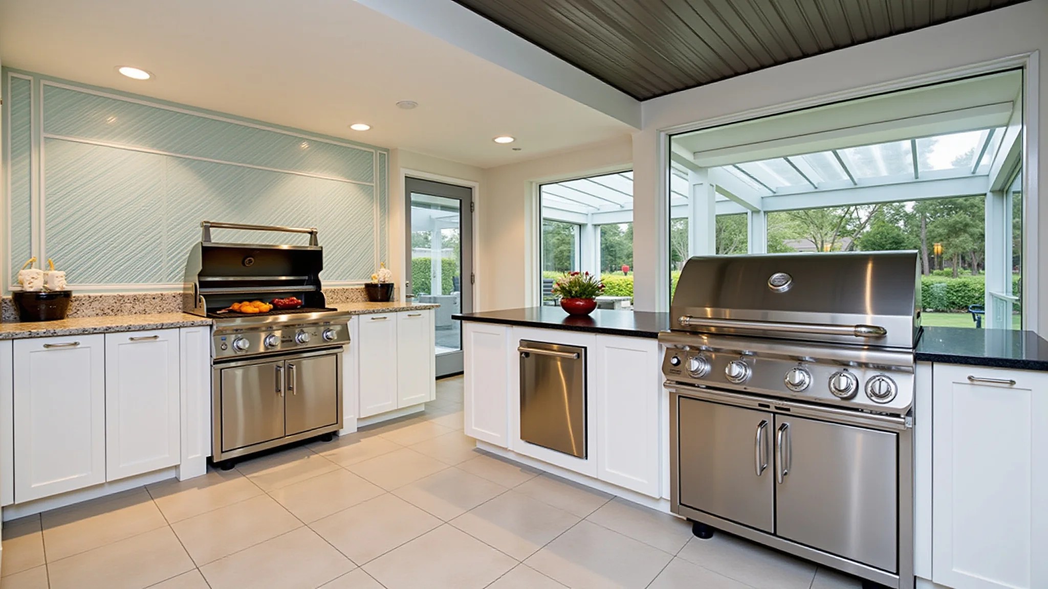 Área gourmet moderna com churrasqueira de inox e design clean.