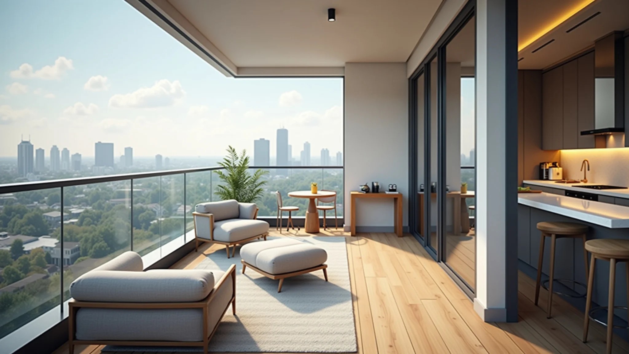 Varanda gourmet moderna com vista da cidade e cores neutras.