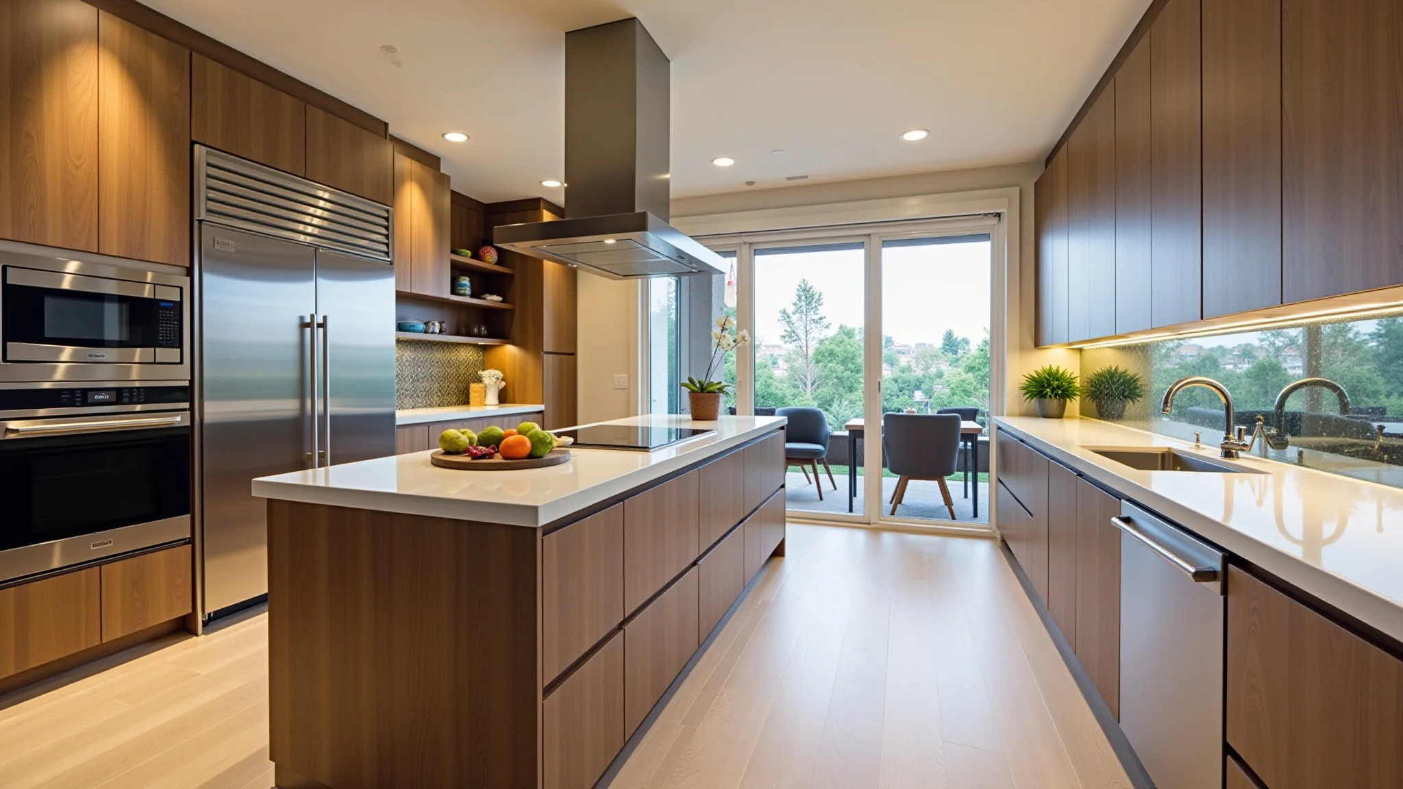 Cozinha gourmet moderna com ilha central e eletrodomésticos de aço inox.