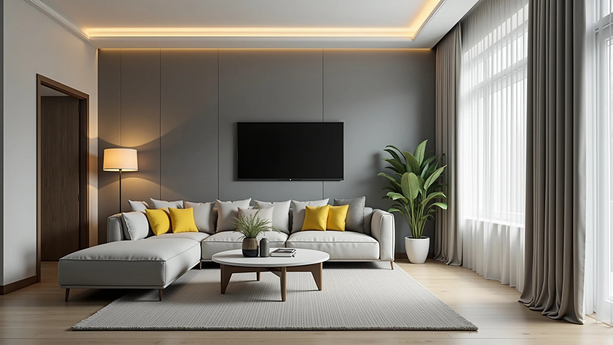 Sala moderna em cinza e amarelo com decoração minimalista e iluminação clara.