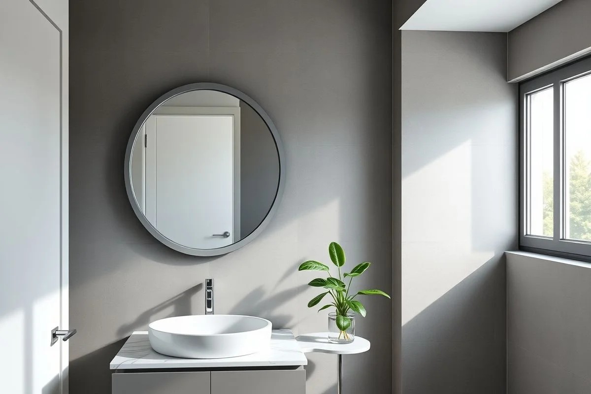 Banheiro cinza com espelho redondo e planta para decorar