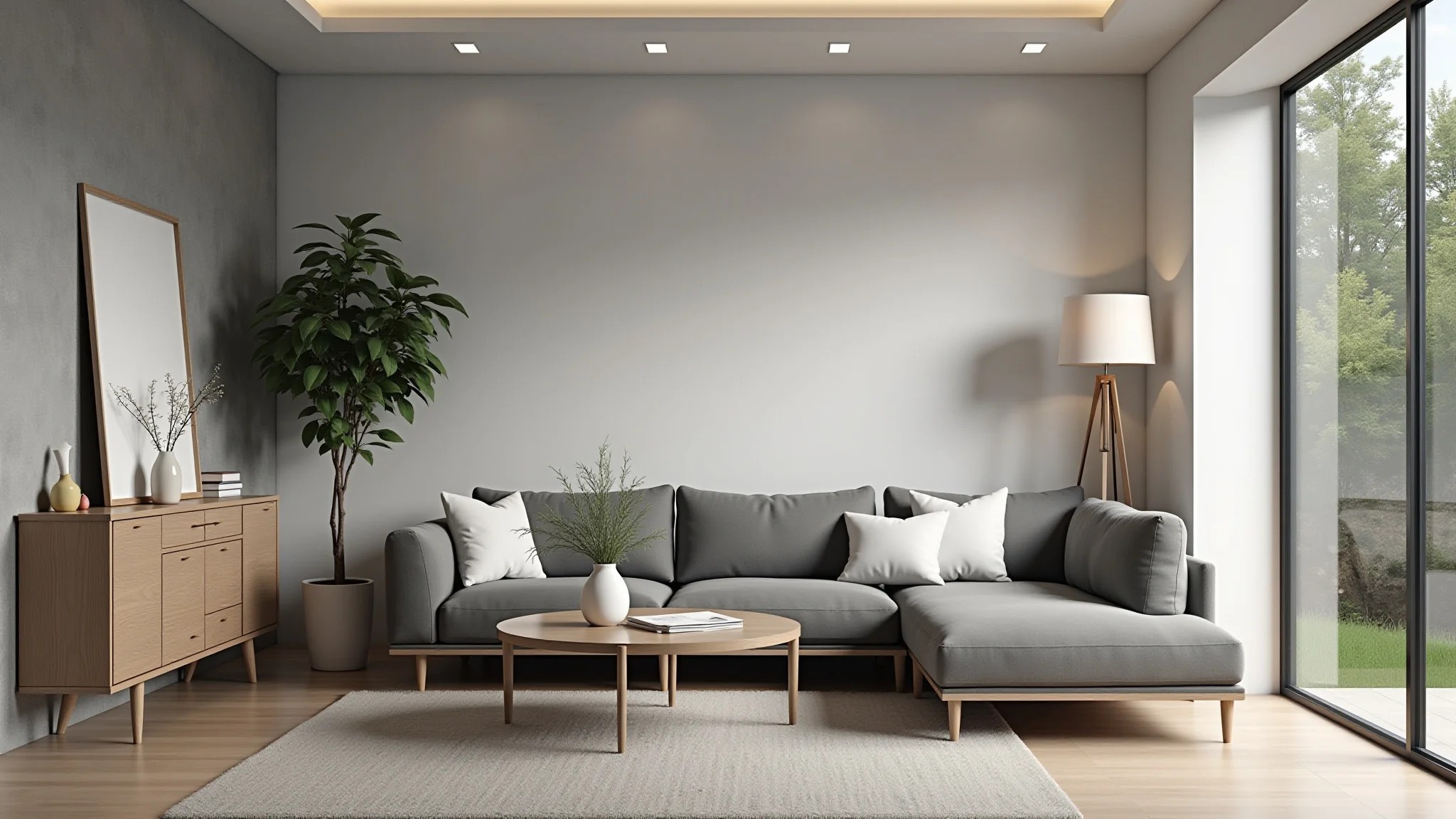 Sala de estar moderna em tons neutros com móveis de madeira e luz natural.