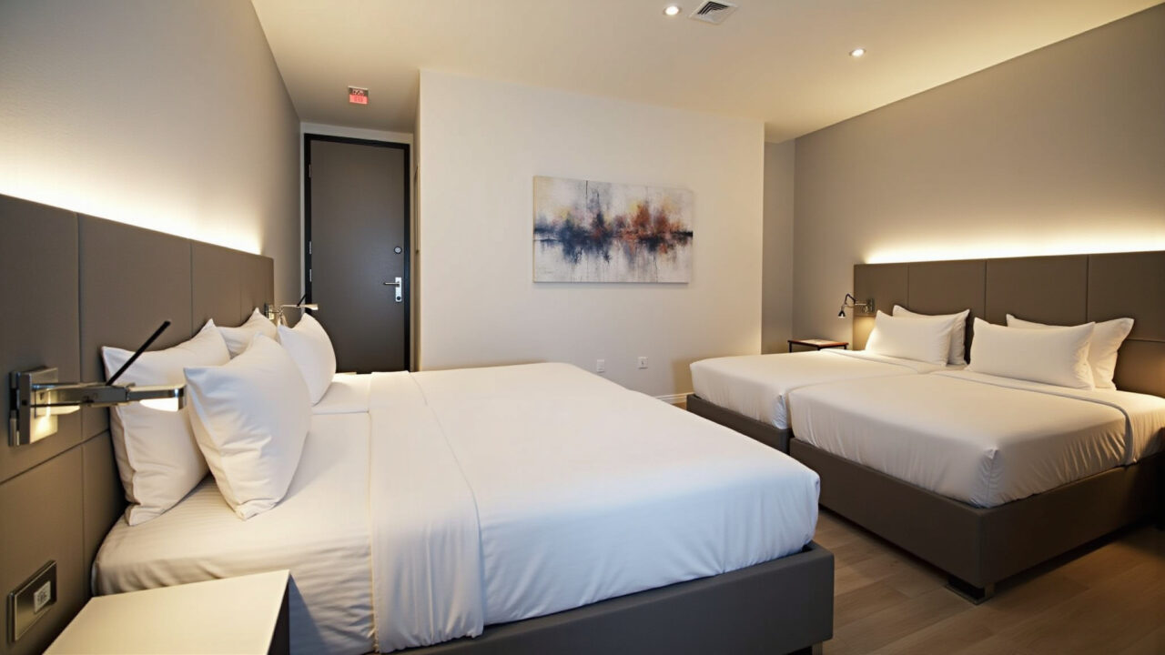 Quarto de hóspedes moderno com design clean e cores neutras.