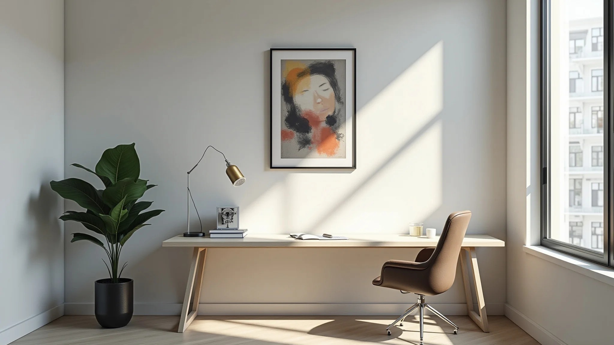 Home office moderno com quadro abstrato e mesa minimalista.