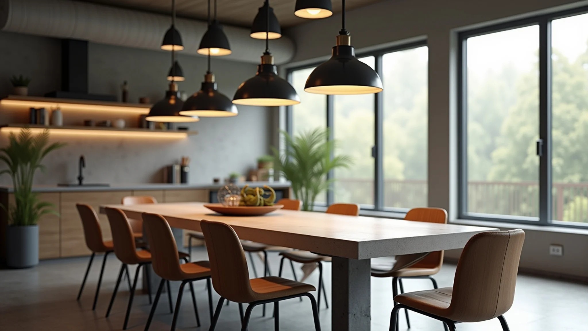 Moderna sala de jantar industrial com luminárias pendentes de metal sobre a mesa de concreto.