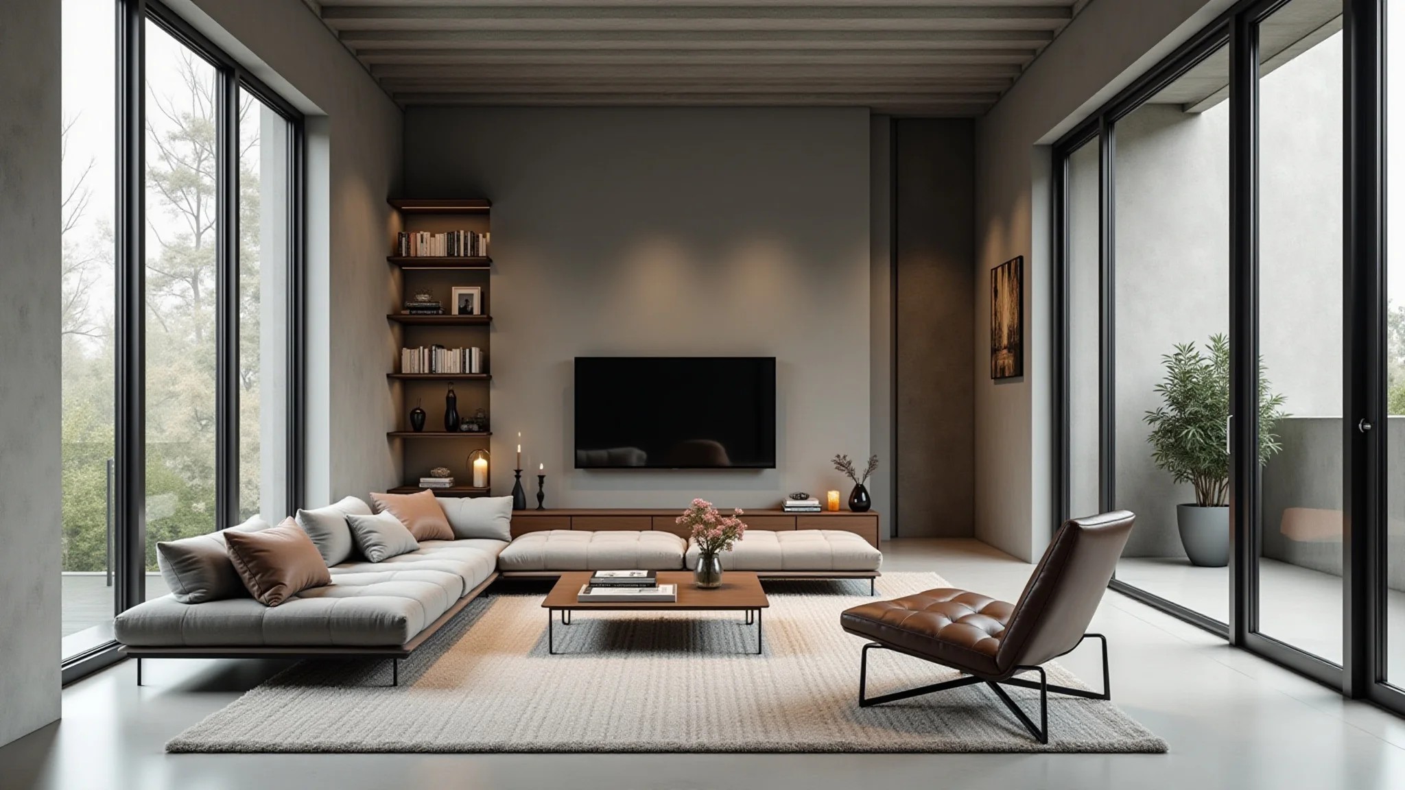 Sala industrial moderna com design minimalista, móveis de metal e detalhes em concreto.