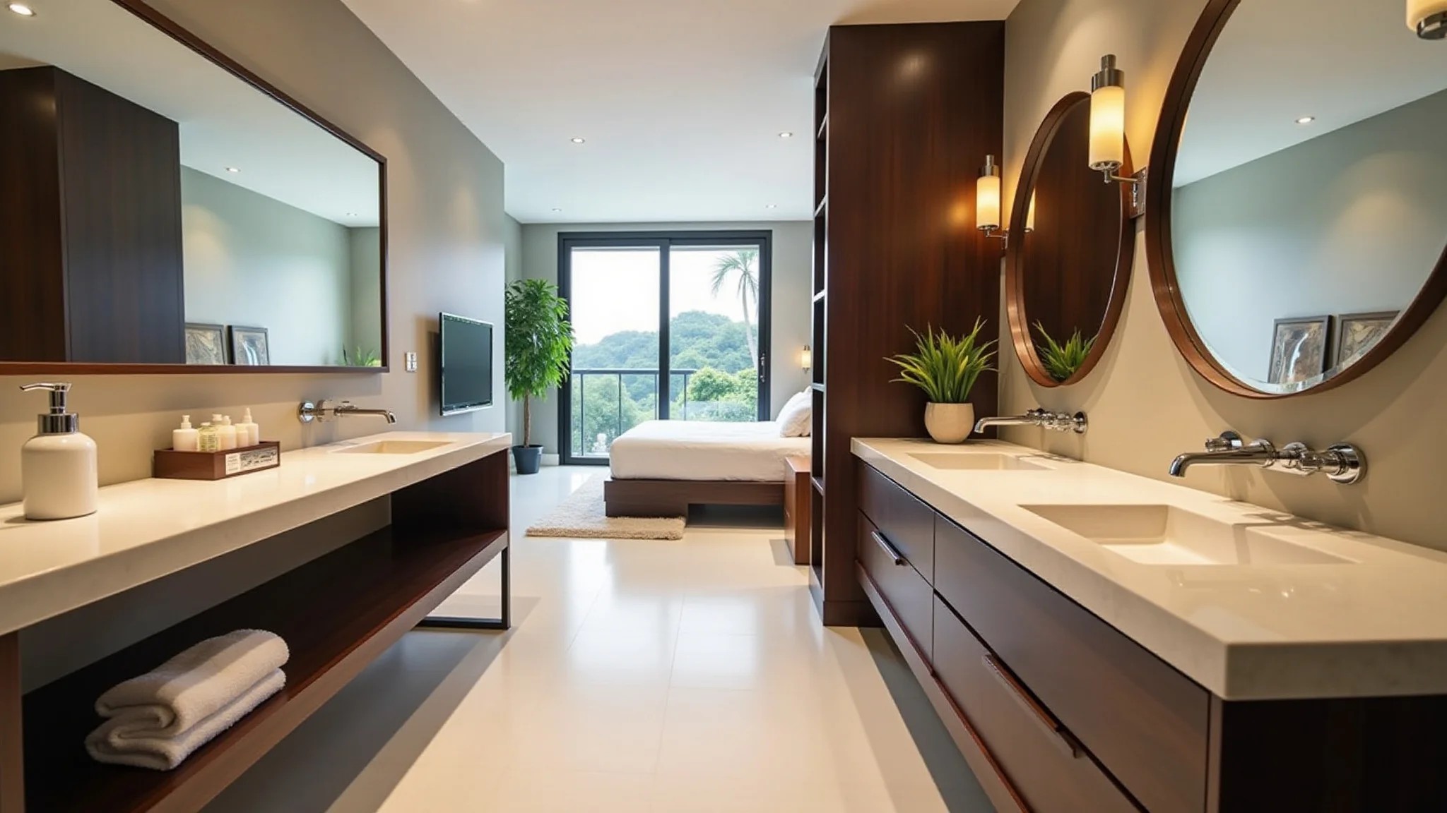 Banheiro e quarto integrados com pia dupla e iluminação natural, design brasileiro.