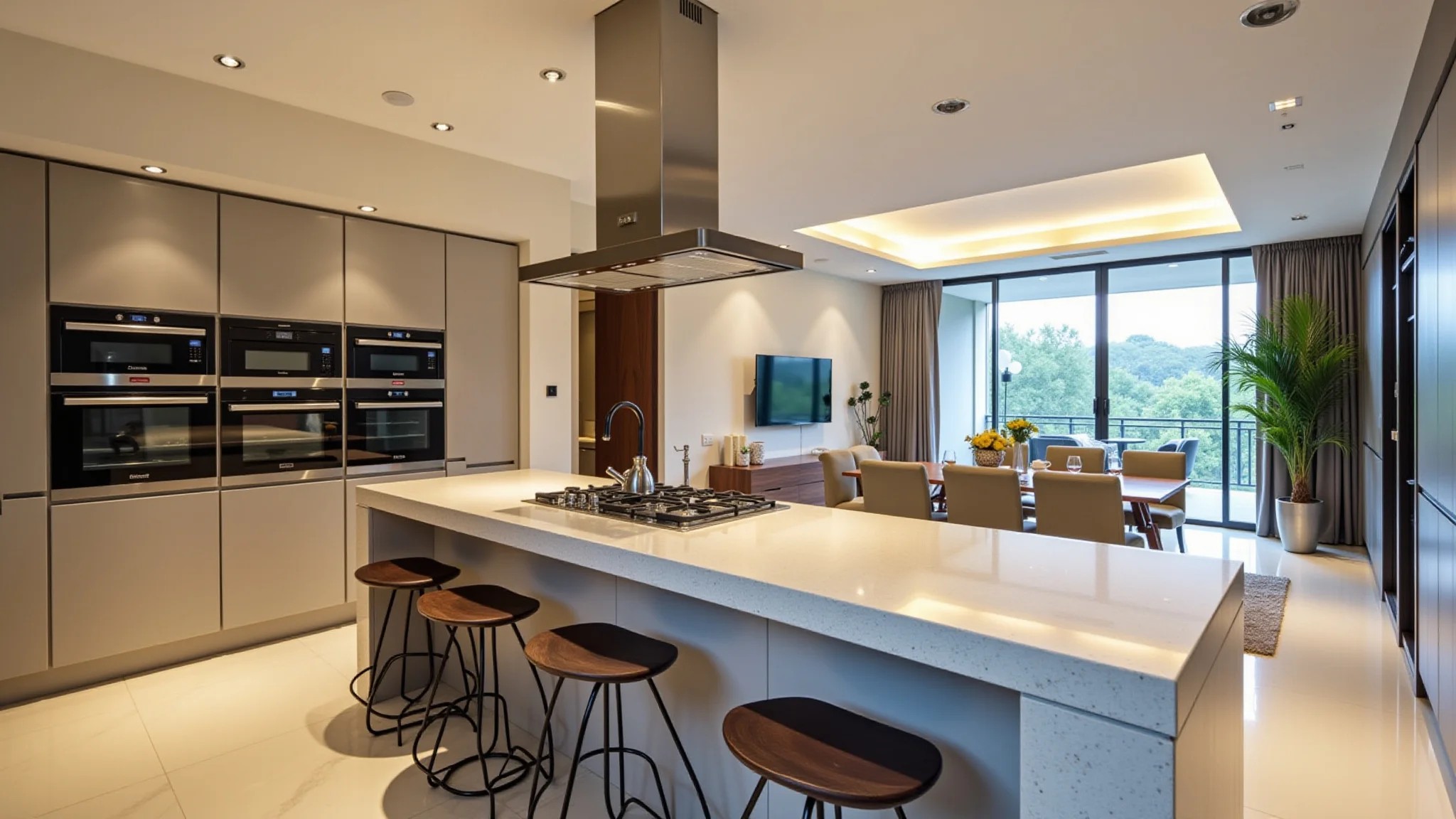 Cozinha e sala integradas com bancada americana, decoração brasileira moderna e iluminação aconchegante.