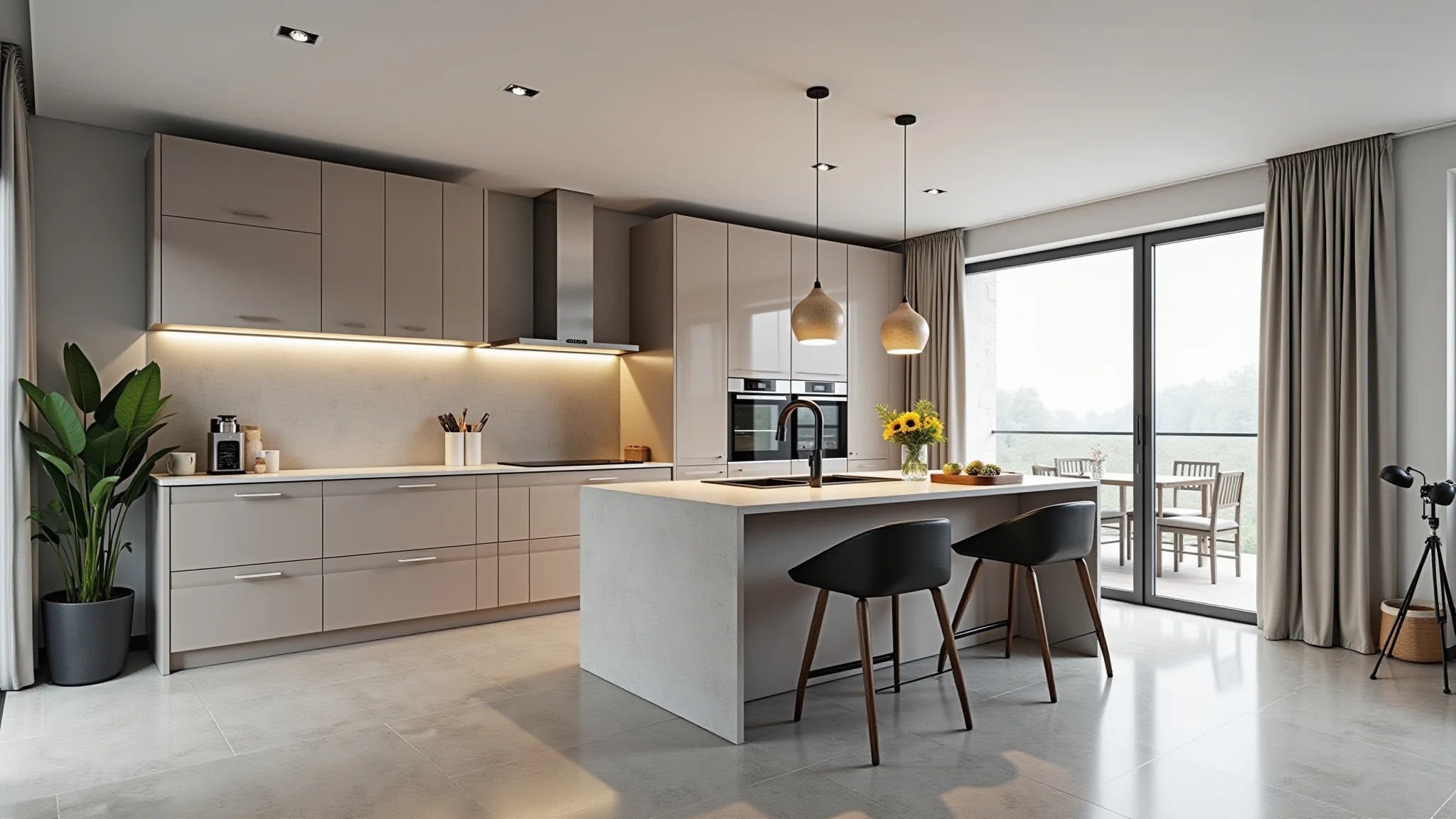Cozinha e sala integradas com piso de cimento queimado e decoração minimalista.