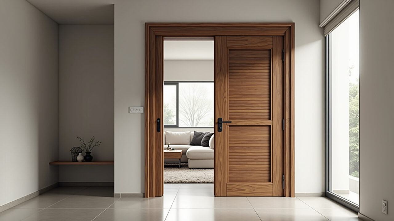 Porta pivotante de madeira em design de interiores moderno.