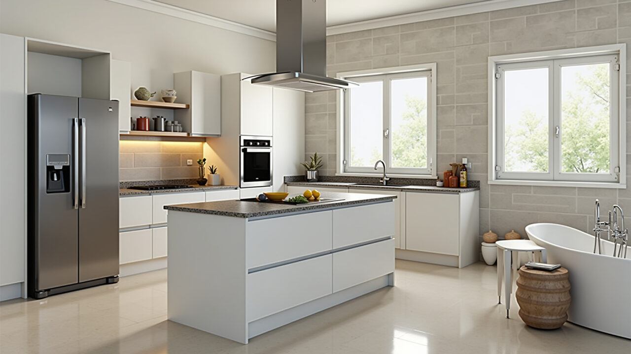 Cozinha e banheiro modernos com acabamentos em aço inoxidável e iluminação brilhante.