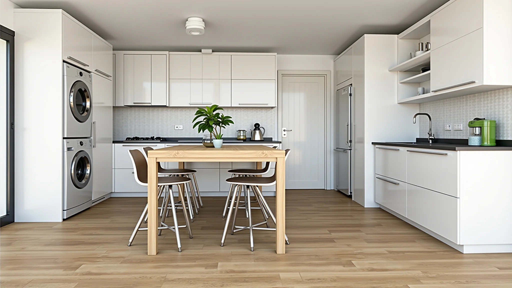 Cozinha e lavanderia moderna com piso vinílico imitando madeira, estilo minimalista brasileiro.