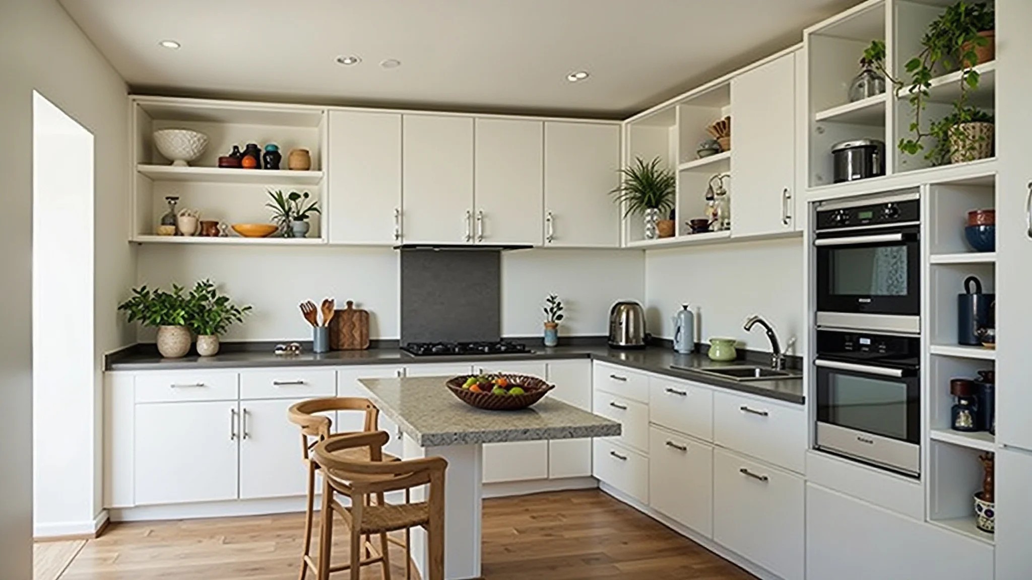 Cozinha moderna com rampa de acesso e balcão ajustável, acessibilidade.