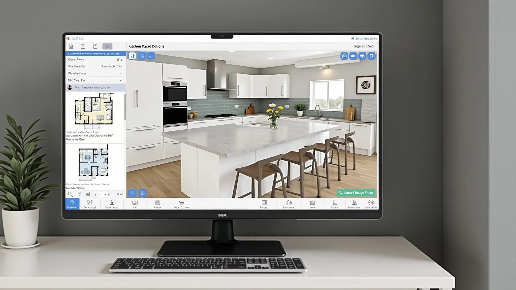 Interface de software de design de cozinha mostrando opções de planta baixa 3D.