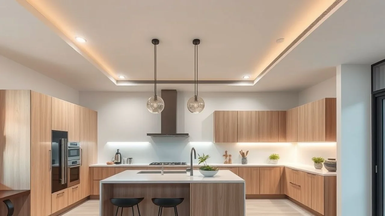 Rebaixamento de teto com iluminação embutida e pendentes em cozinha moderna brasileira.
