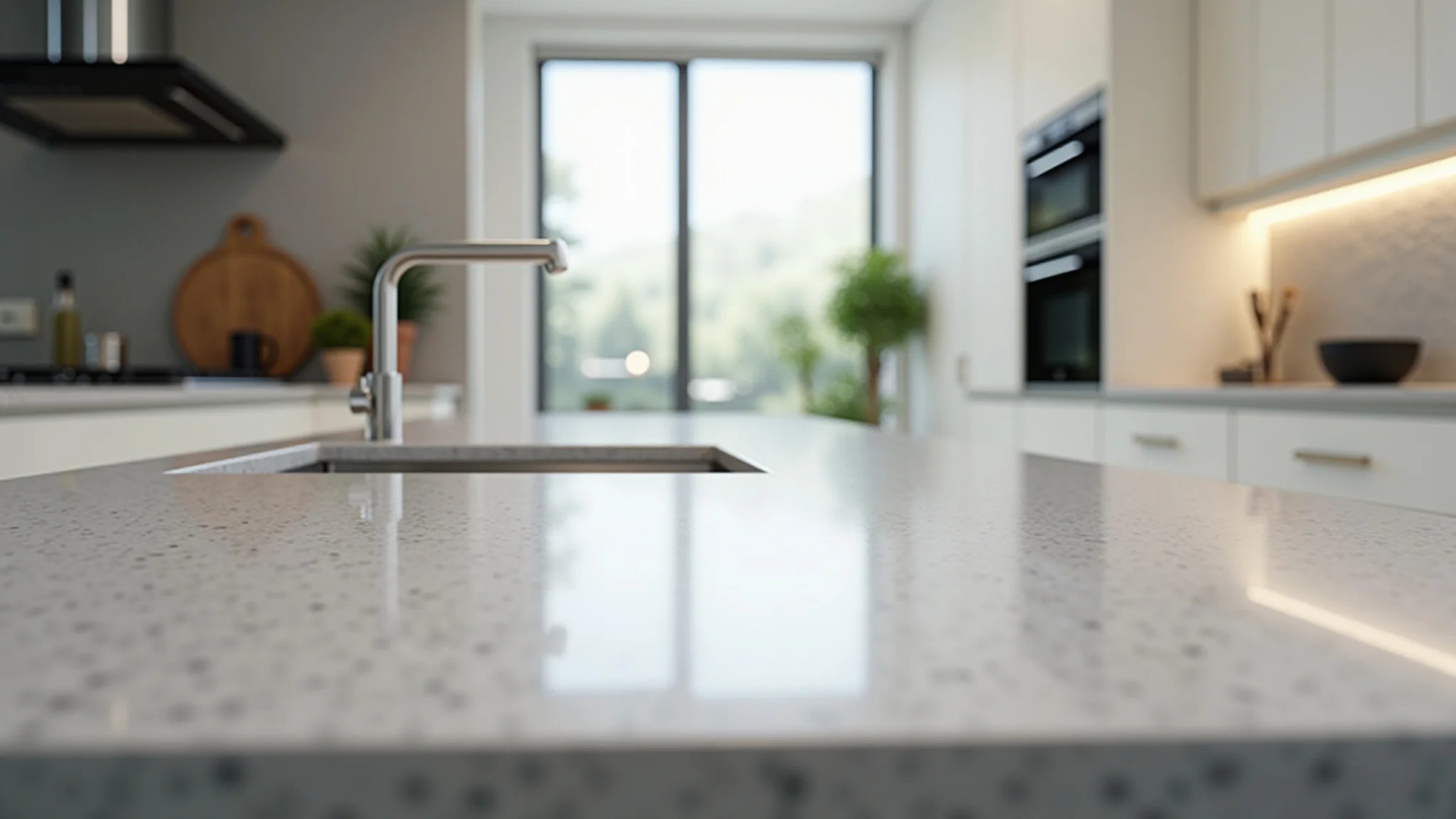 Cozinha moderna com bancada de quartzo, iluminação clara e design minimalista.