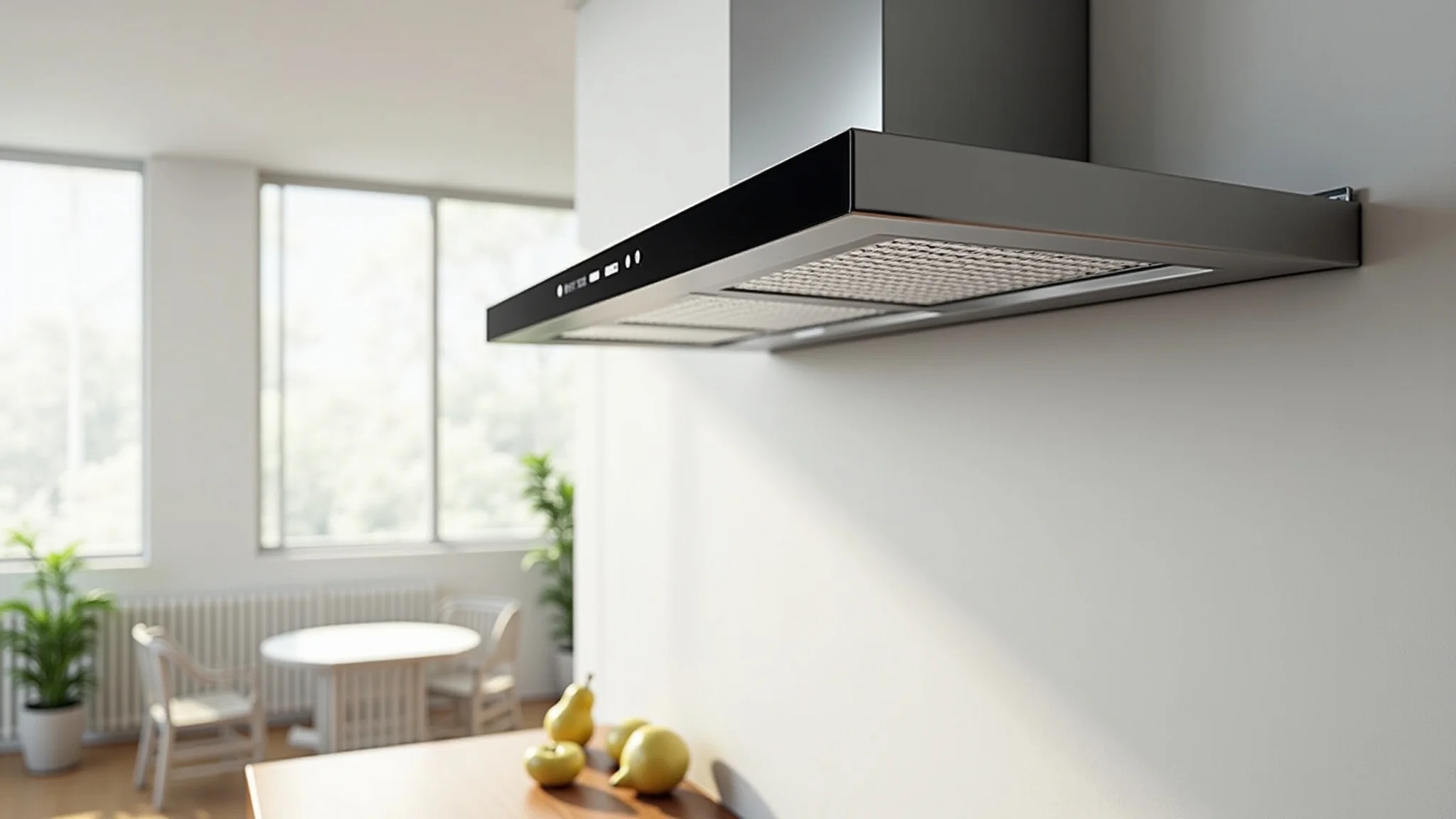 Cozinha moderna com sistema de ventilação em conformidade com as normas ABNT, com coifa elegante e iluminação interna ...