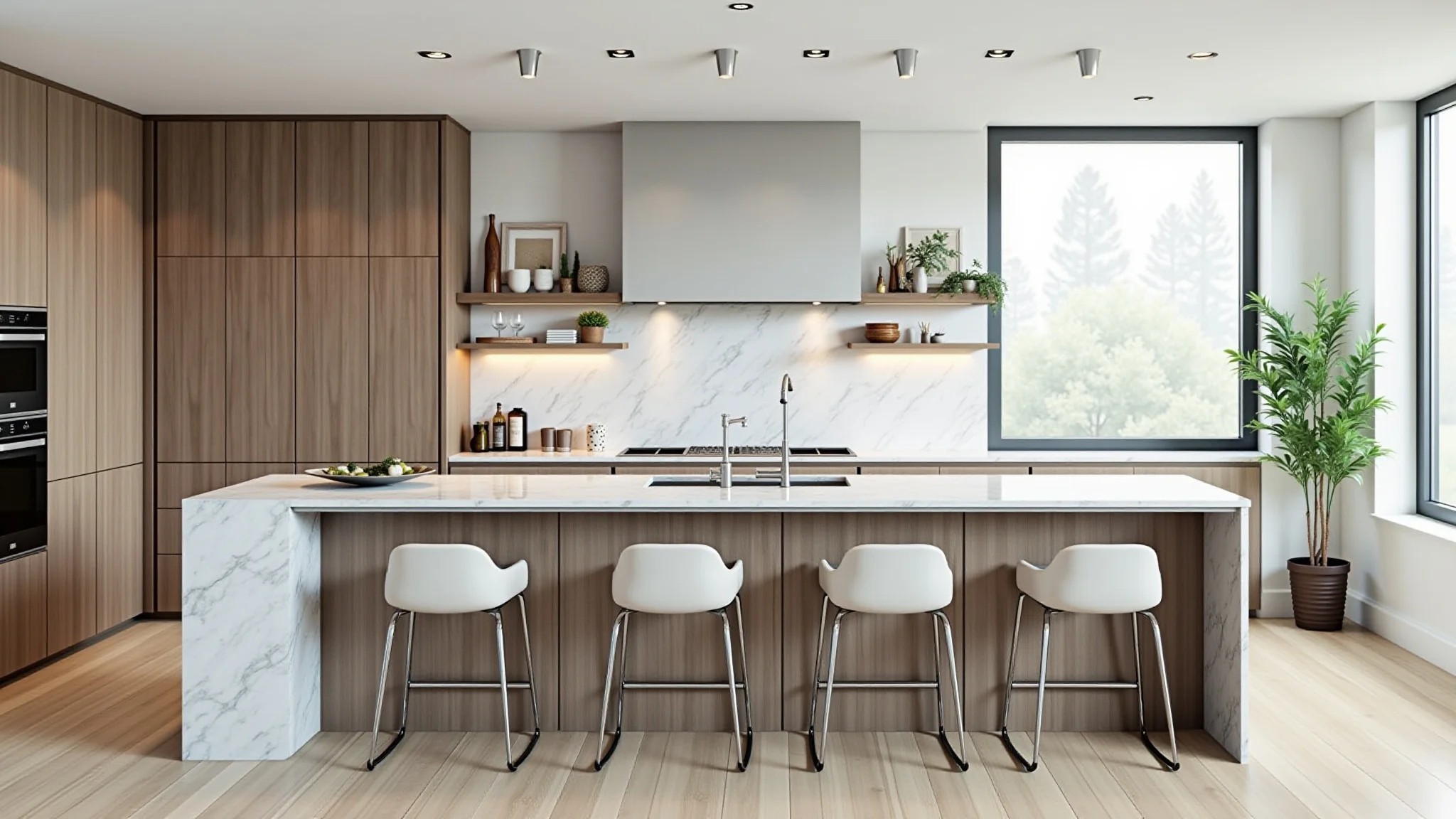 Cozinha moderna com ilha e mesa integrada, bancada de mármore e cadeiras estilosas.