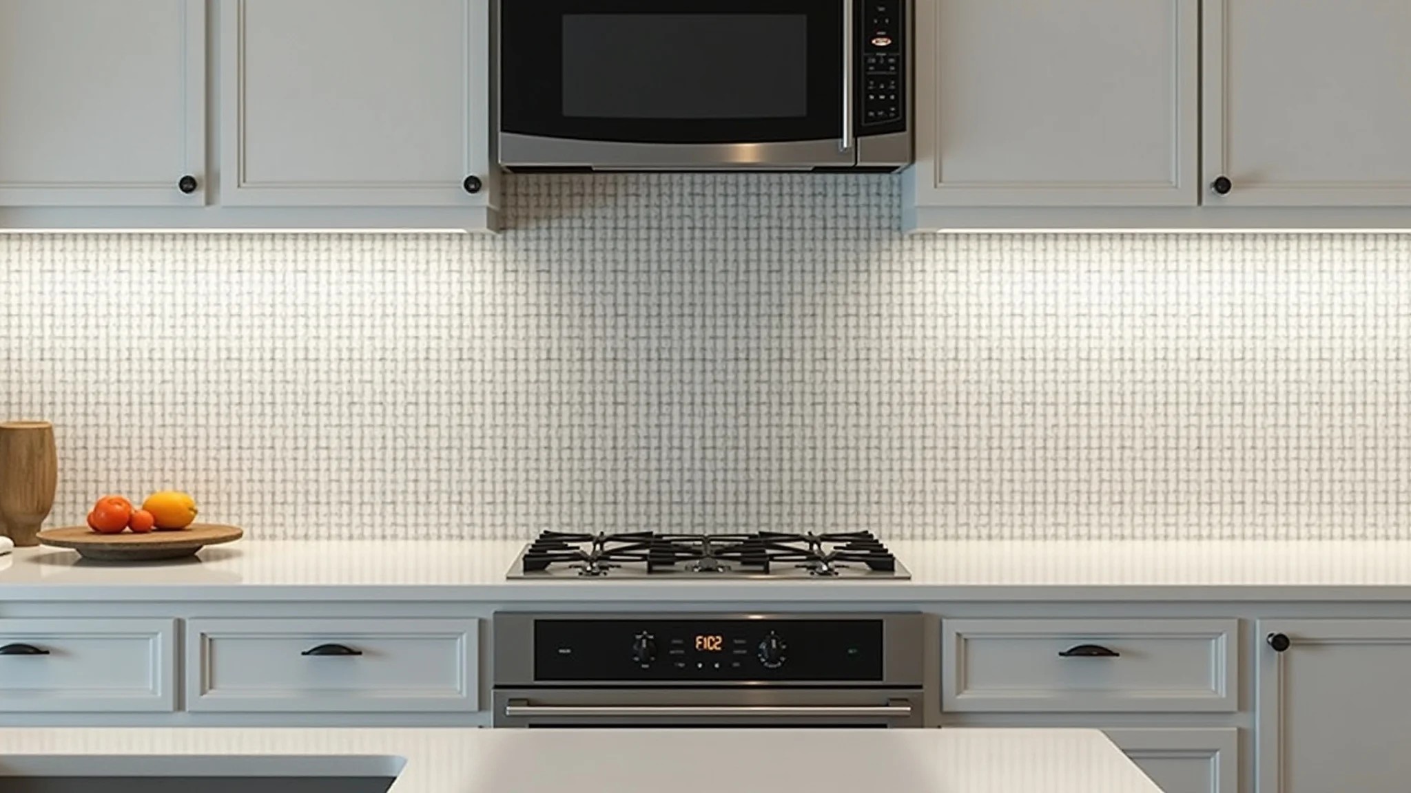 Cozinha moderna com backsplash adesivo de padrão geométrico, renovação prática.
