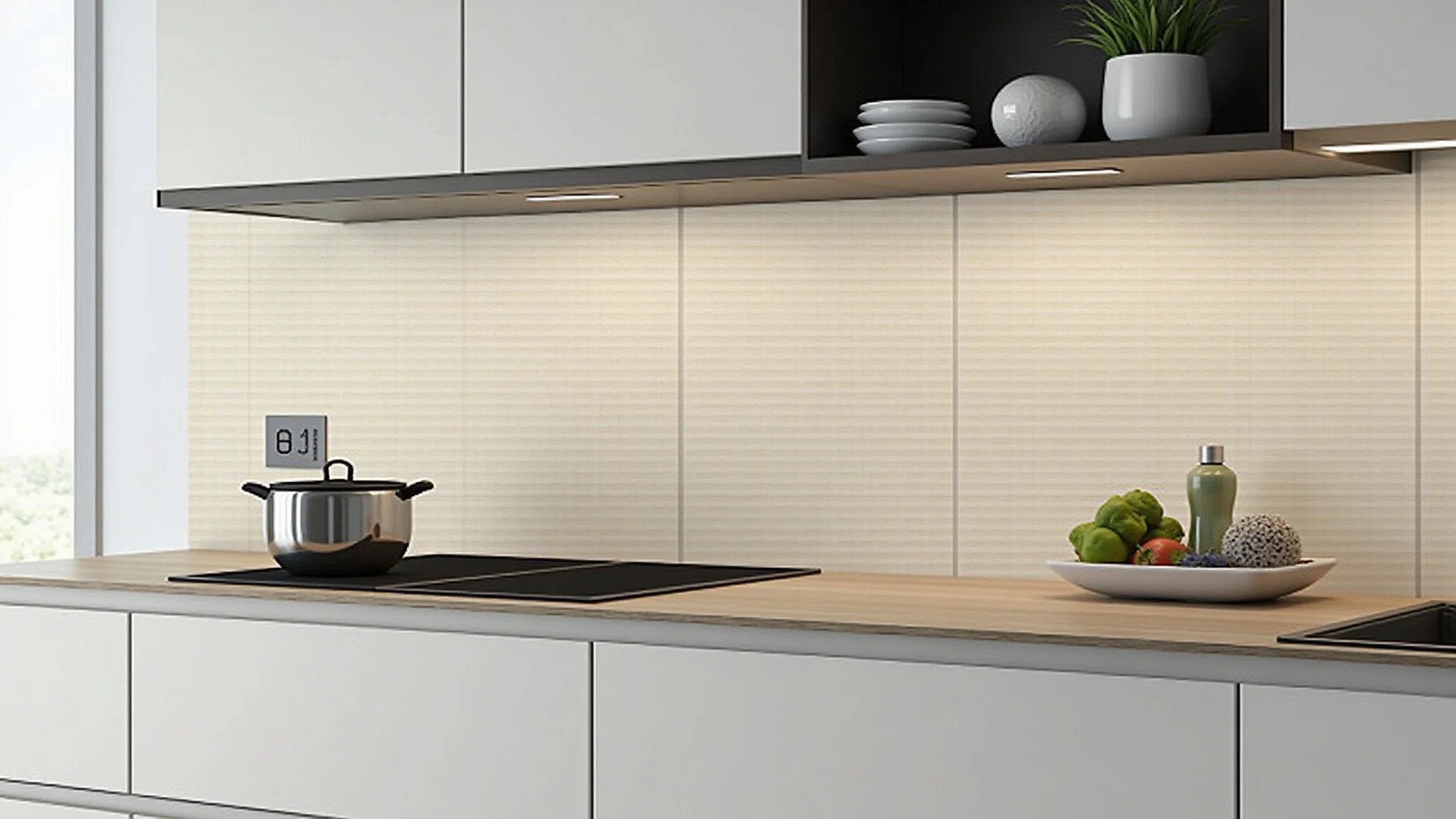 Cozinha moderna com backsplash de porcelanato amadeirado e design minimalista.