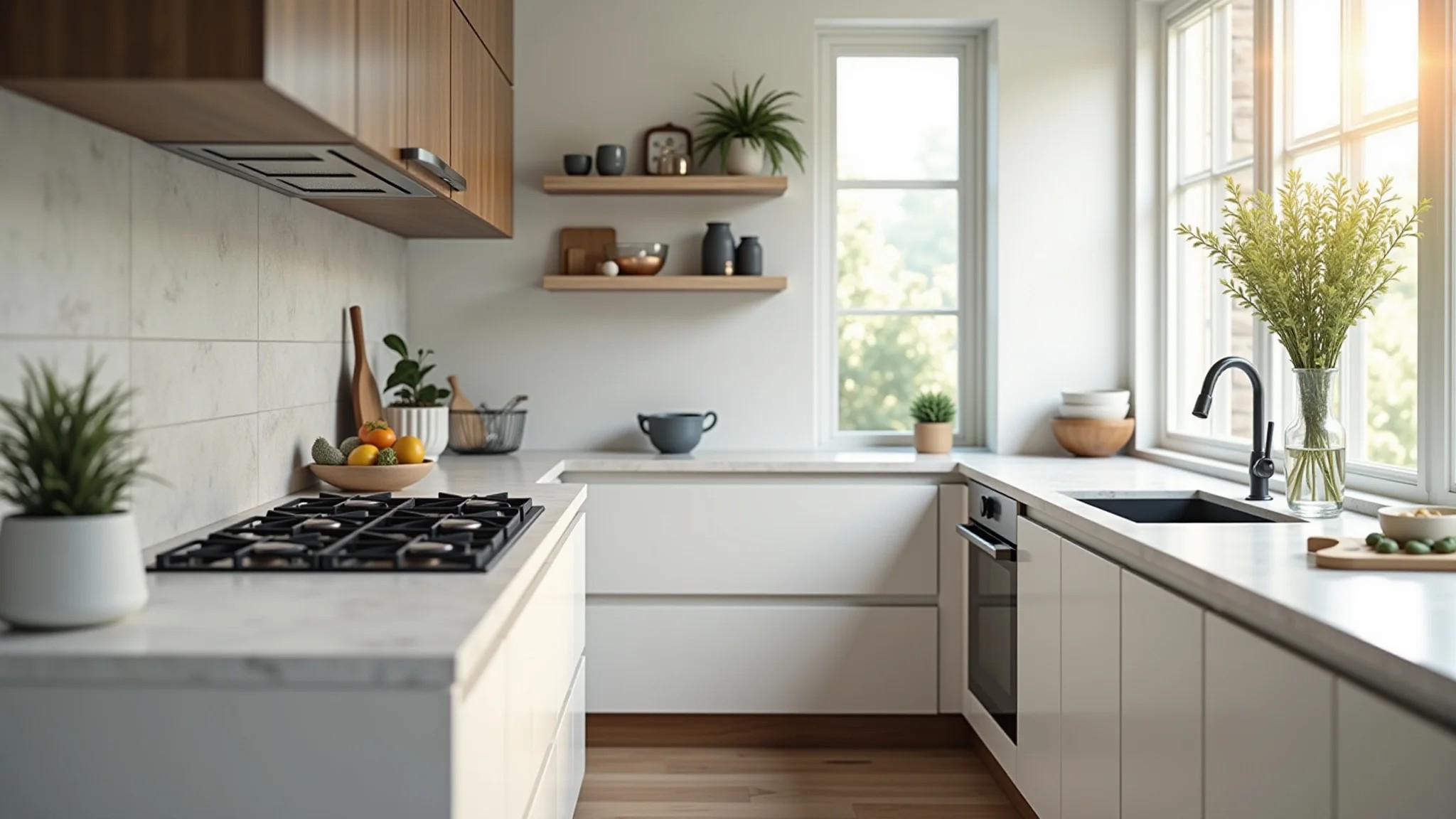 Cozinha moderna destacando o custo-benefício de uma bancada de porcelanato durável.