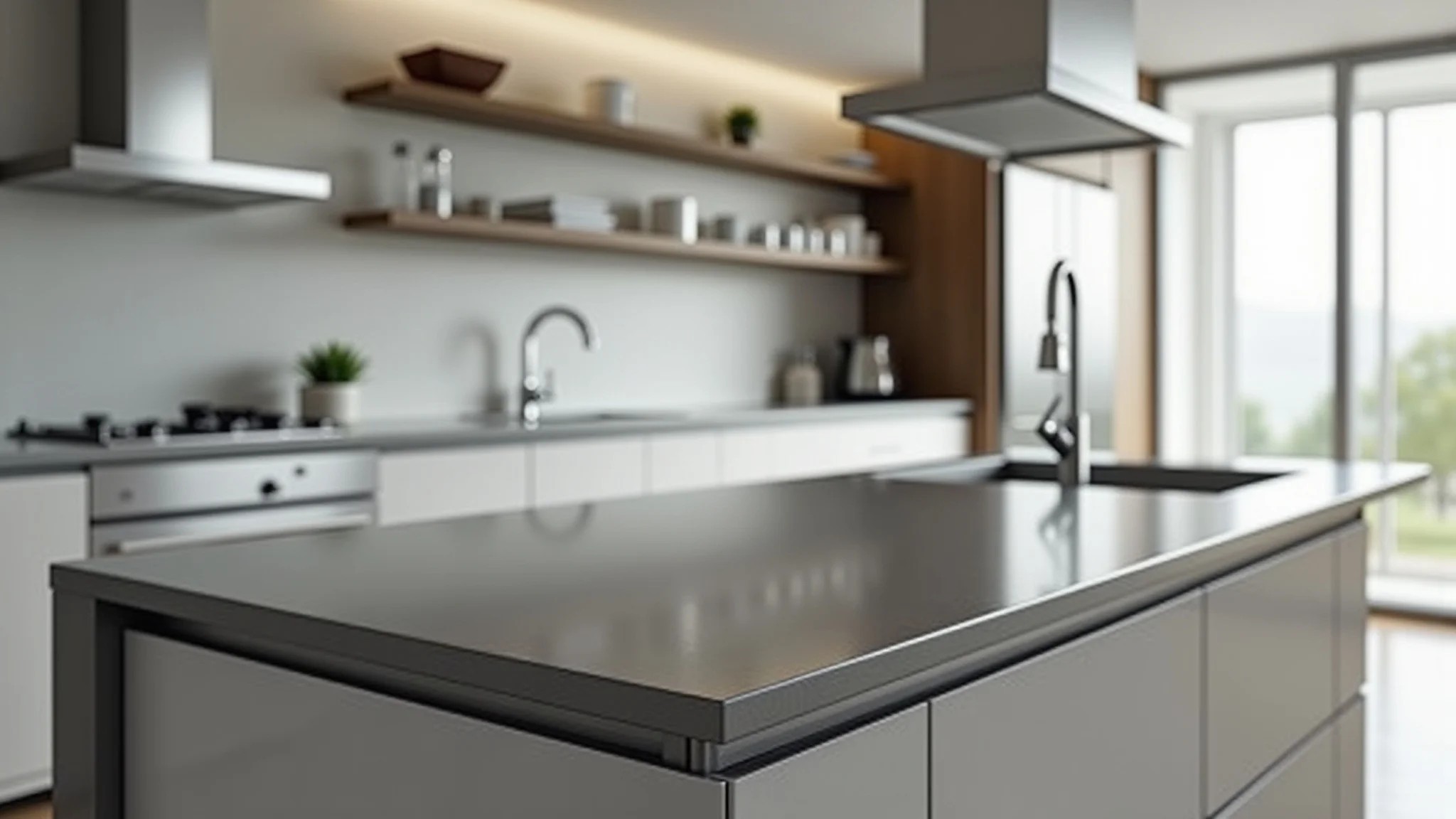 Cozinha moderna com bancada de aço inox, iluminação clara e design minimalista.