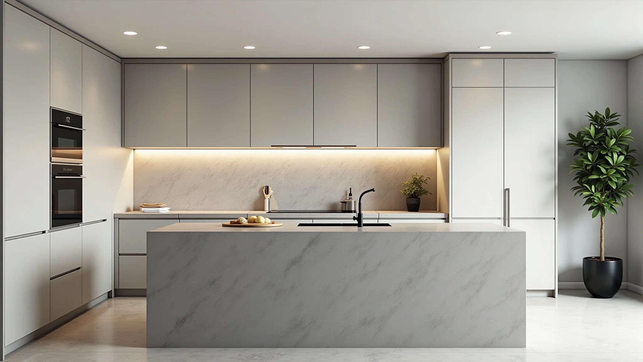 Cozinha moderna com bancada de concreto em estilo minimalista.