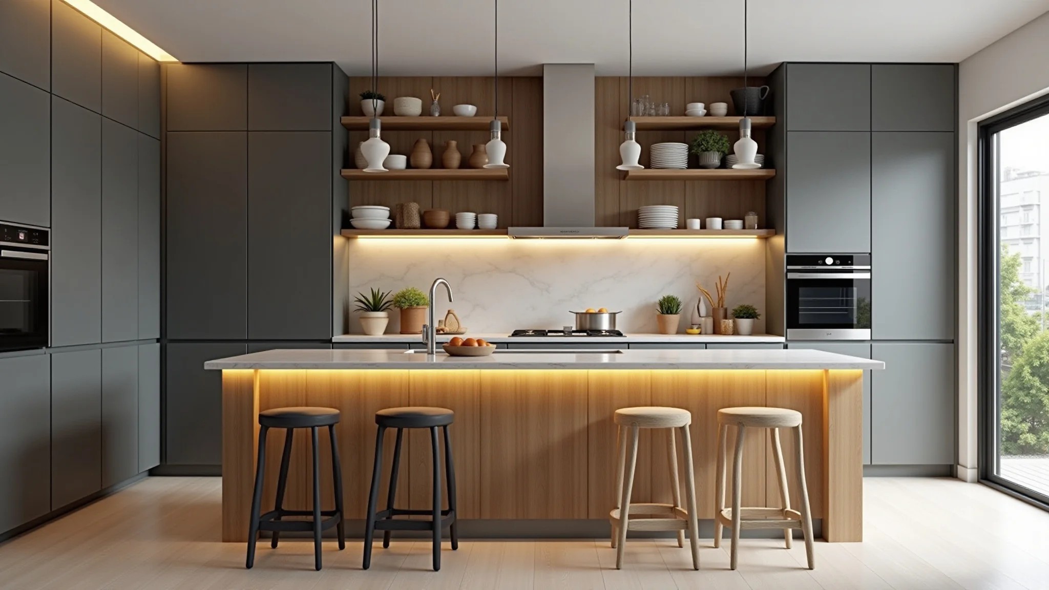 Cozinha moderna com iluminação eficiente e aconchegante.
