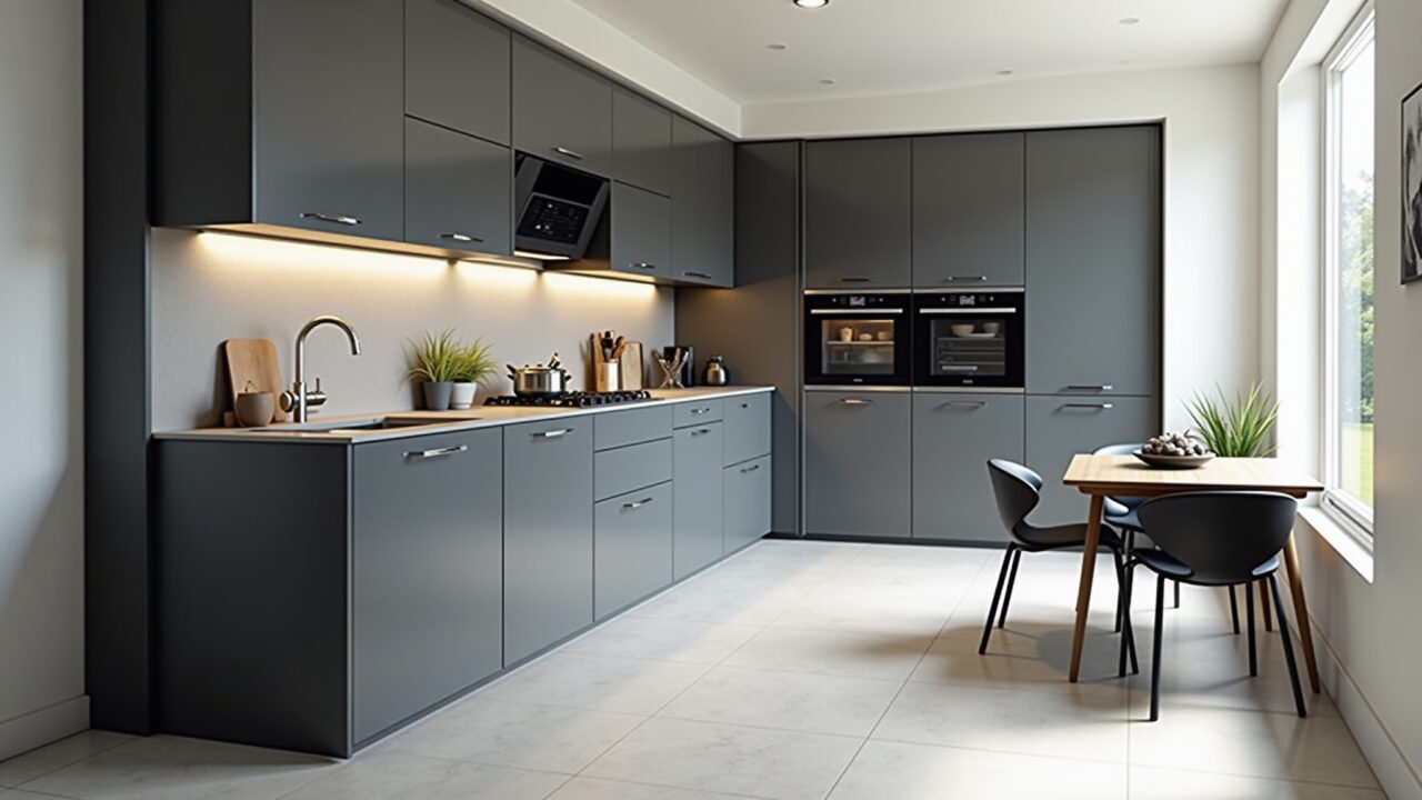 Cozinha moderna com armários cinza e preto e detalhes em inox.