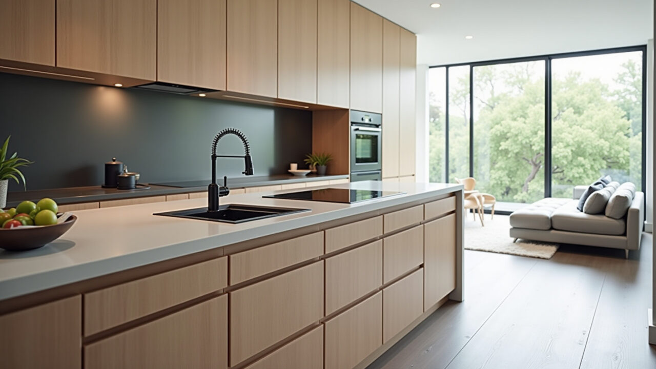 Modern kitchen with invisible pulls on cabinets in a minimalist Brazilian home, professional Cozinha moderna com puxadores invisíveis em casa brasileira.