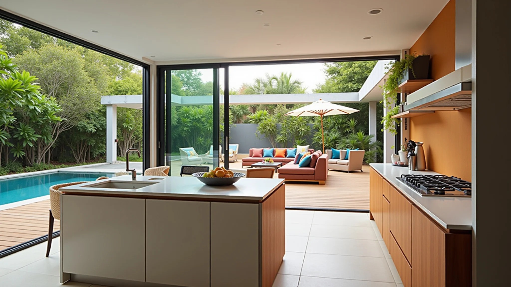 Cozinha moderna com ilha integrada ao lounge externo, decoração vibrante e estilo brasileiro.