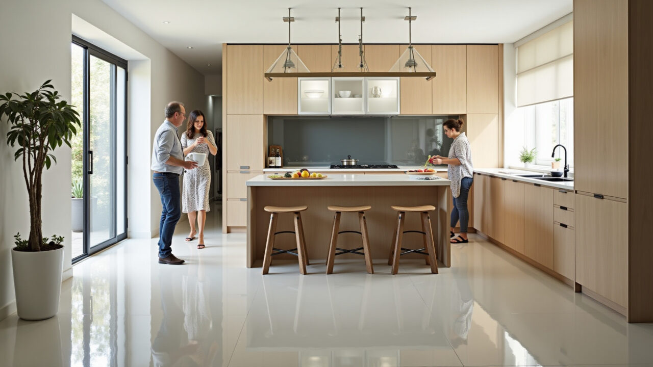Cozinha moderna com piso vinílico liso e mulher cozinhando.